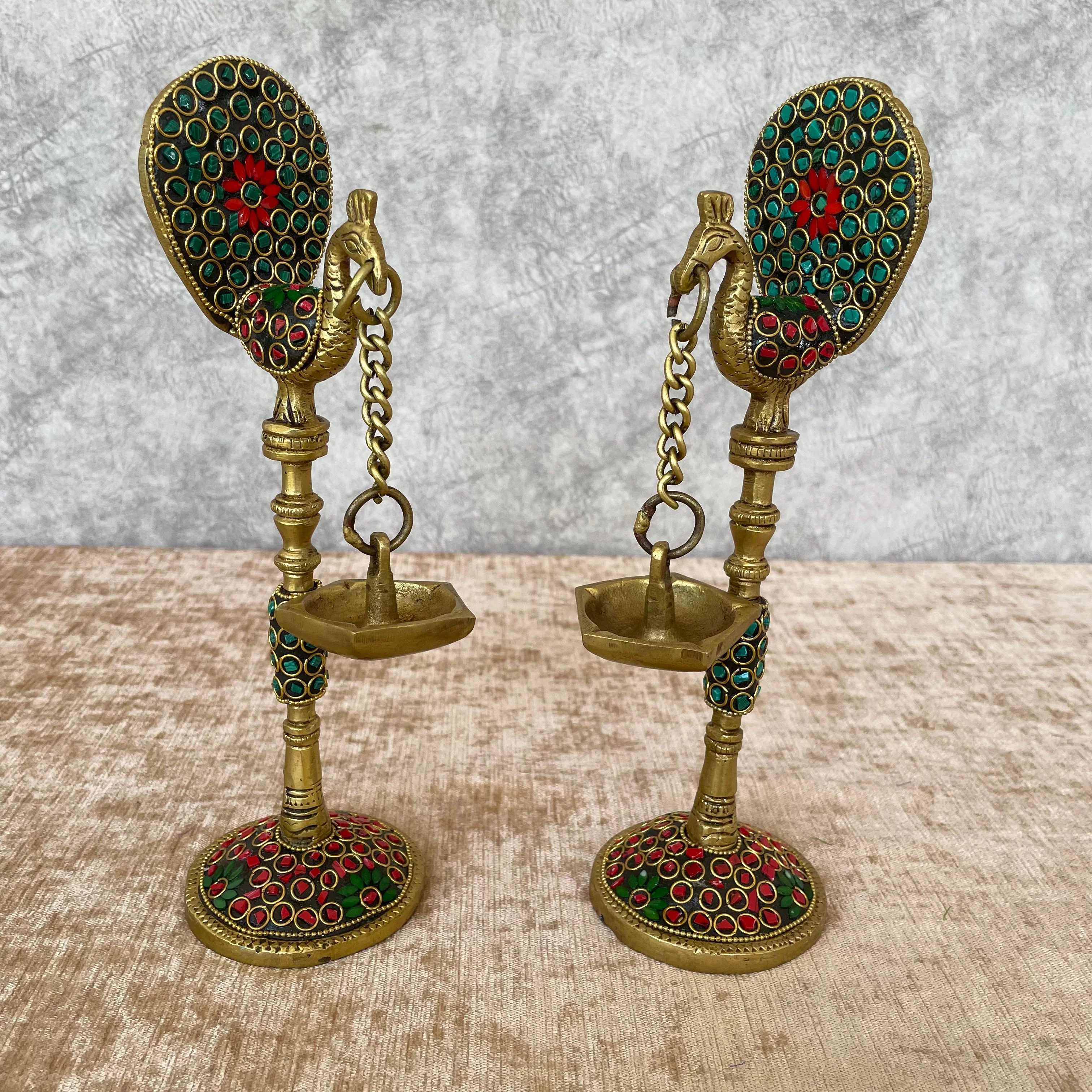 9 Inches Peacock Hanging Diya (Set of 2) - Handmade Brass Stonework Oil lamp