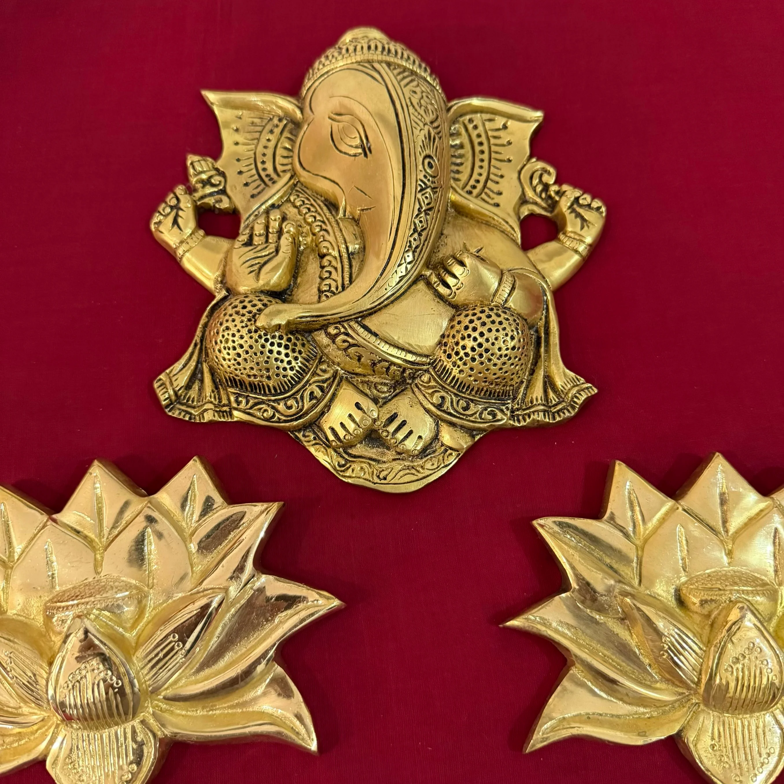 Brass Ganesha Lotus Wall Hanging (Set of 3)