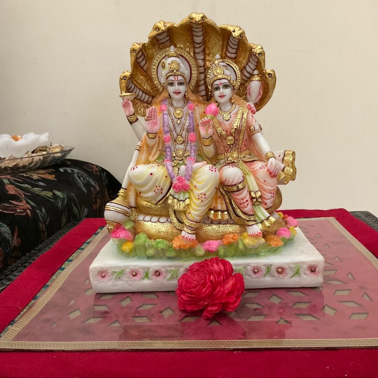 Lord Vishnu & Goddess Lakshmi Sitting On Anant Nag - Marble Dust Idol - Decorative Home Decor