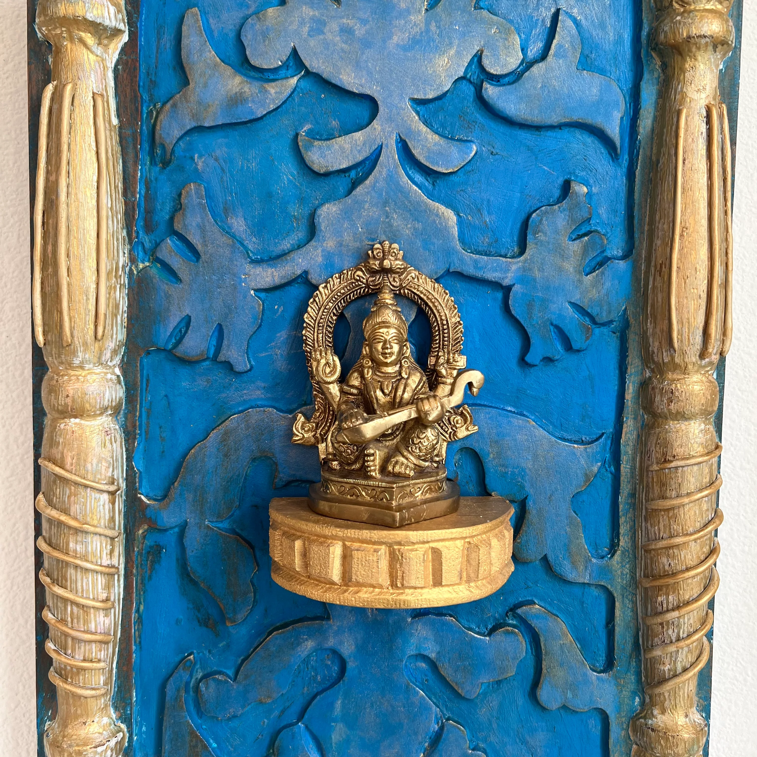 Brass Saraswati With Distressed Wooded Frame Wall Hanging - Decorative Wall decor