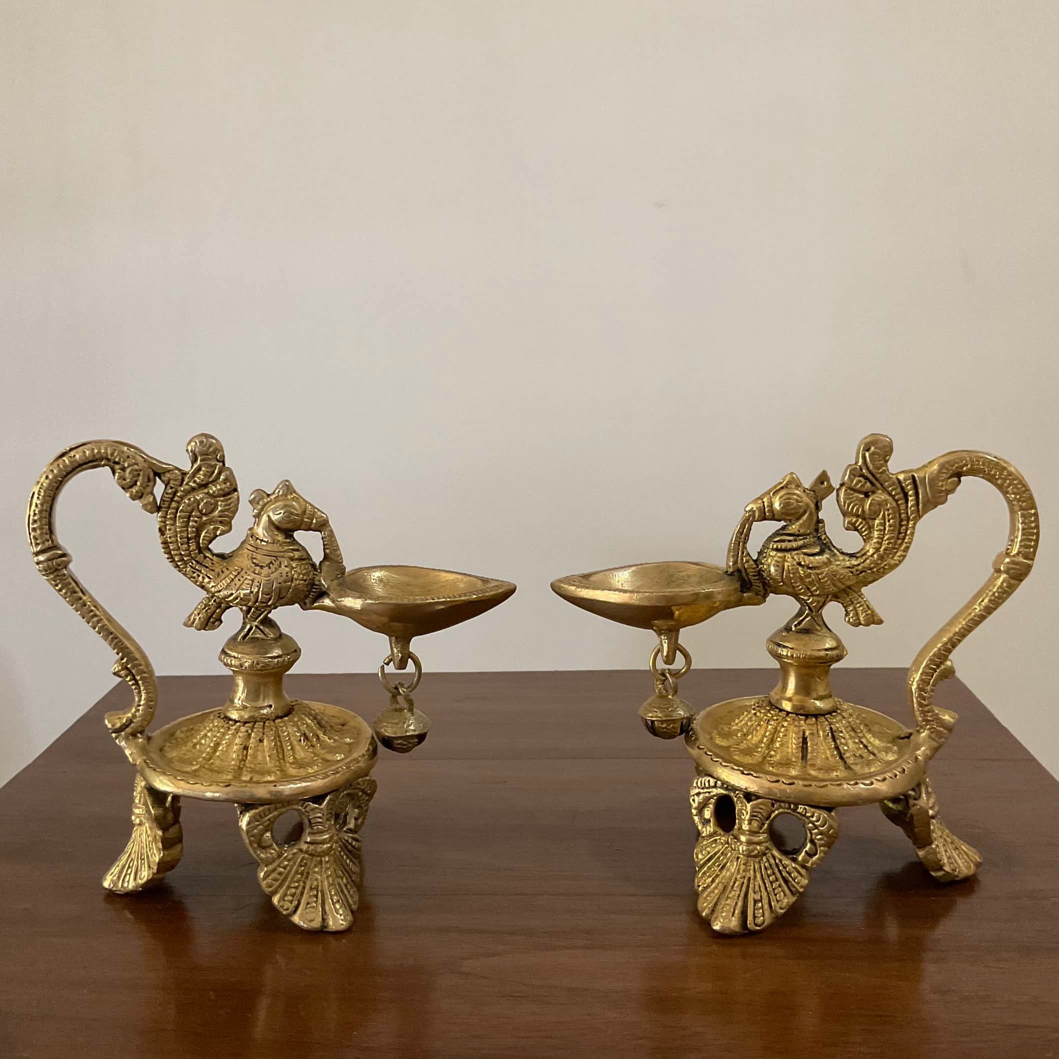 5.5 Inch Annapakshi Diya With Handle (Set of 2) - Handmade Brass lamp - Decorative