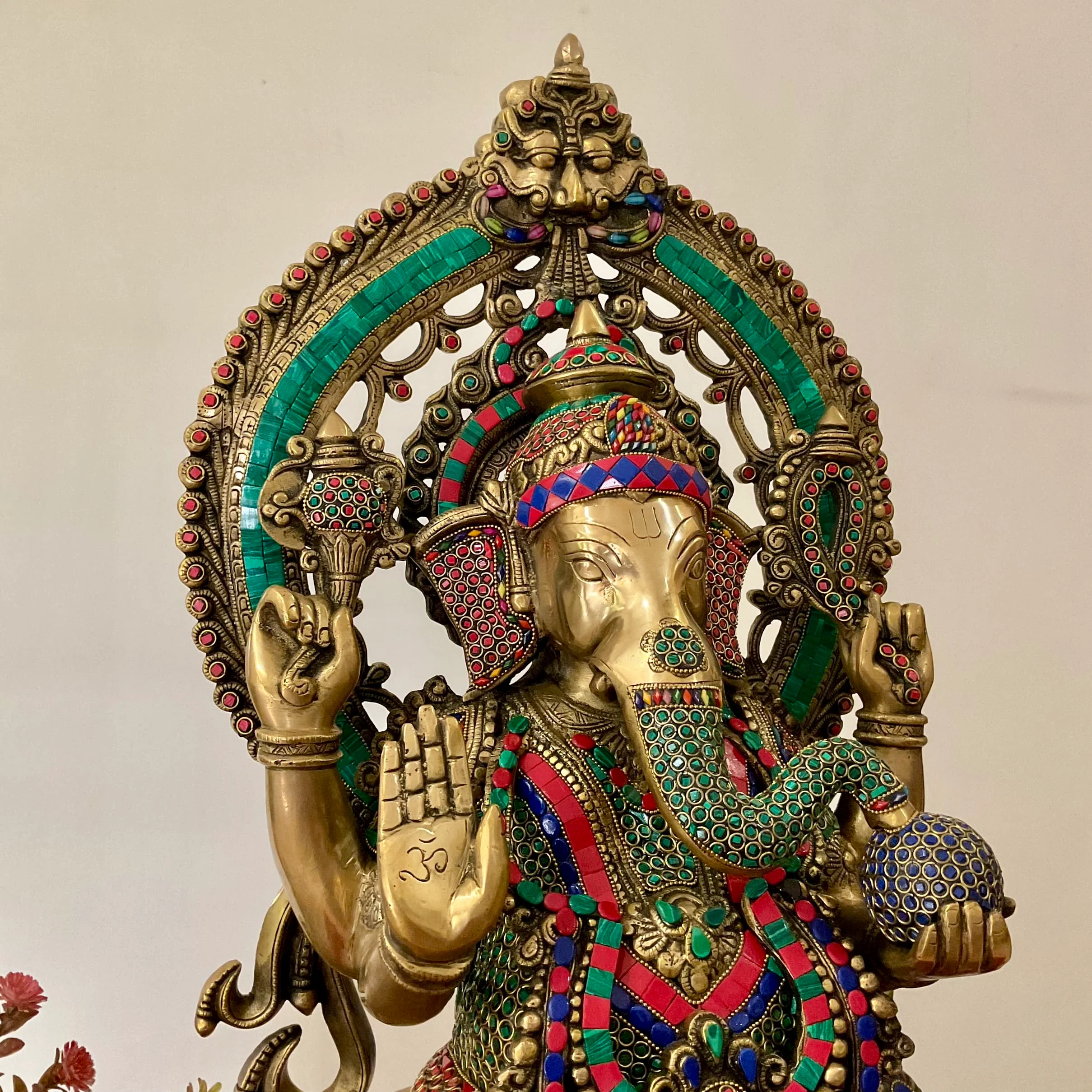 27 Inch Lord Ganesh Idol With Prabhavali - Brass Stonework Statue