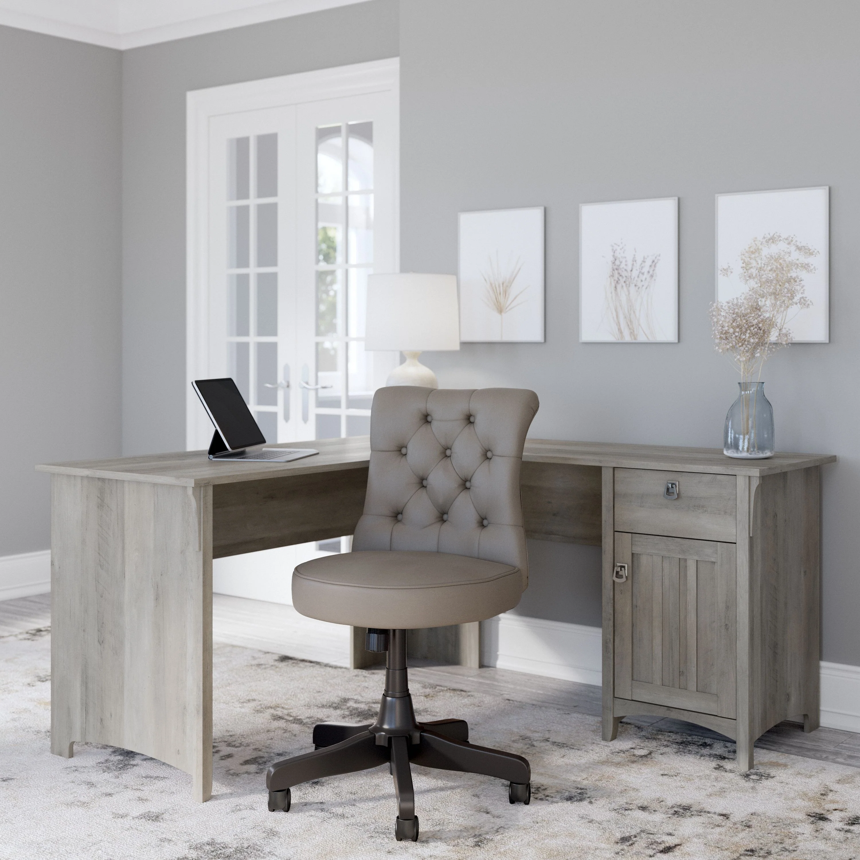 Salinas 60W L Shaped Desk with Mid Back Tufted Office Chair