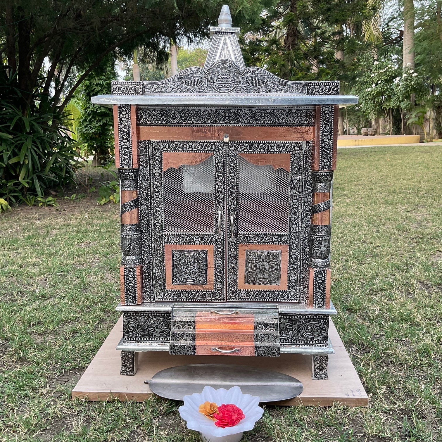 19 Inches Wooden Temple (Mandir) - Silver Oxidising