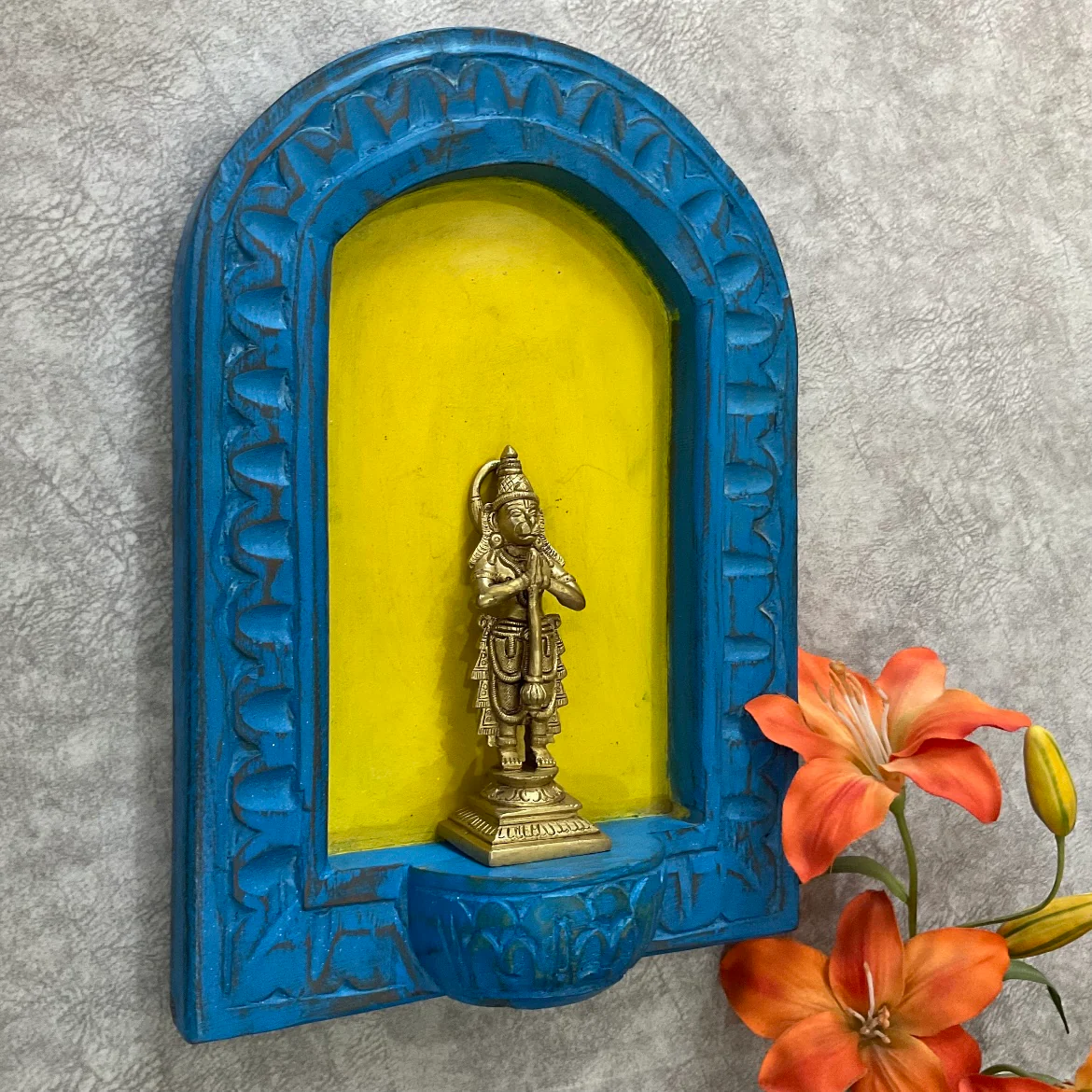 Distressed Wooden Blue Half Round Frame With Hanumanji Brass Idol Wall Hanging (Set of 2) - Decorative Wall decor