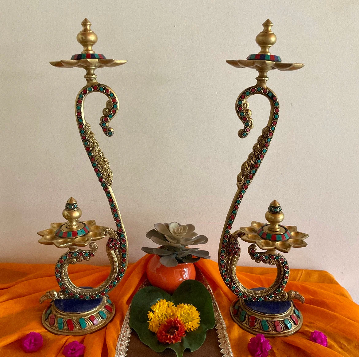 20 Inches Handmade Standing Brass Diya Lamp With Stonework (Set of 2)