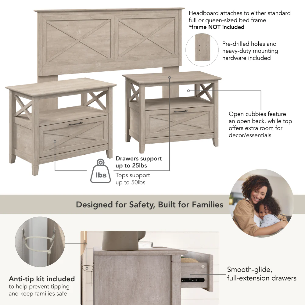 Bush Home Key West 65W Full/Queen Headboard with Set of 2 Nightstands