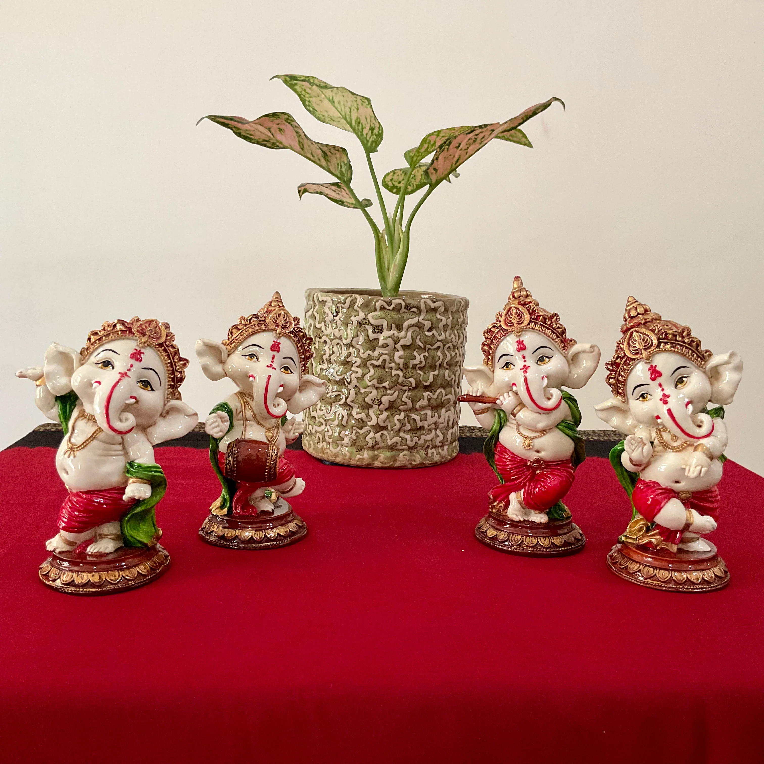 Dancing & Musician Baby Ganesh Marble Dust & Resin Idol (Set of 4)
