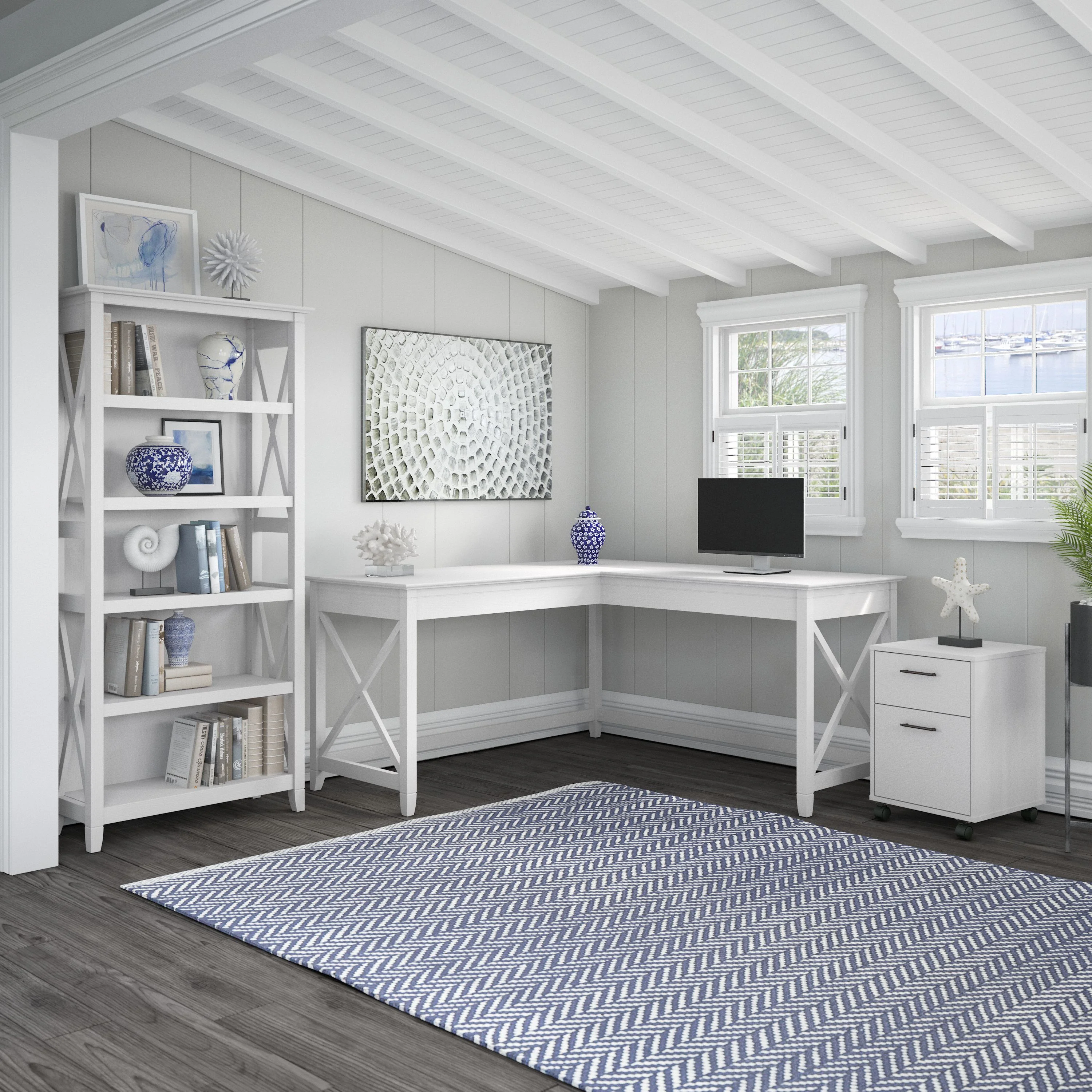 Key West 60W L Shaped Desk with 2 Drawer Mobile File Cabinet and 5 Shelf Bookcase