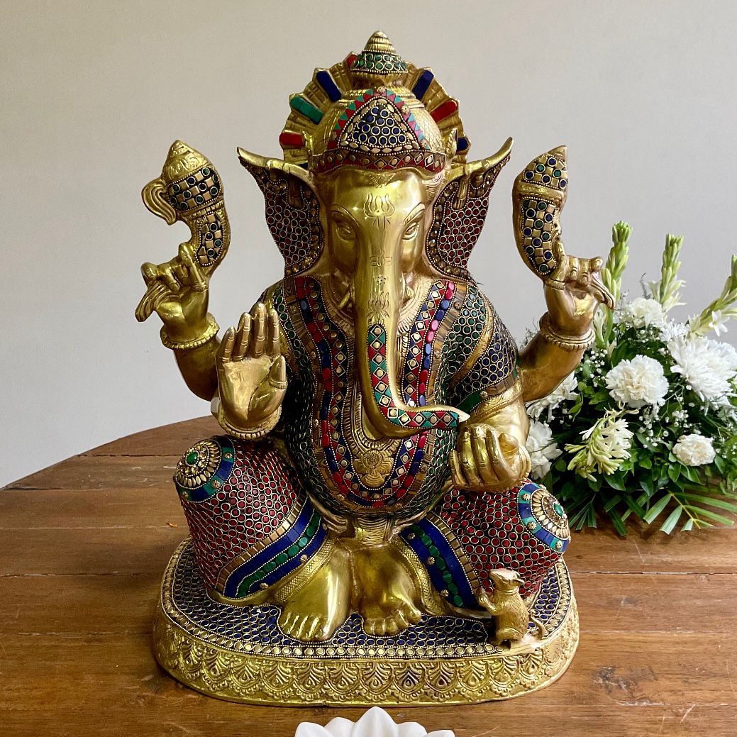 21 Inch Big Ganesha Statue of Home Entrance Decor Idol - Brass Stonework Murti
