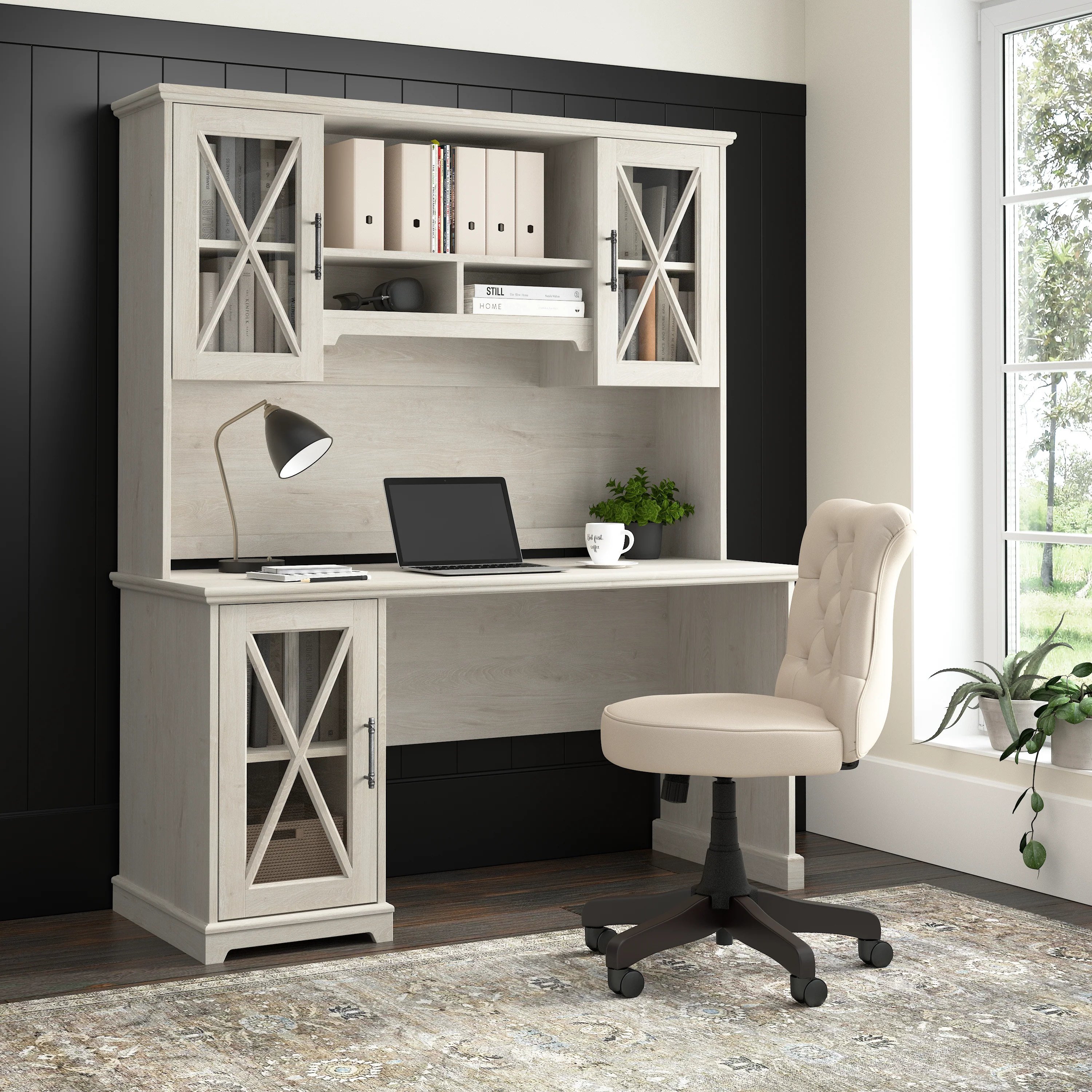 Lennox 60W Farmhouse Desk with Hutch and Storage Cabinet