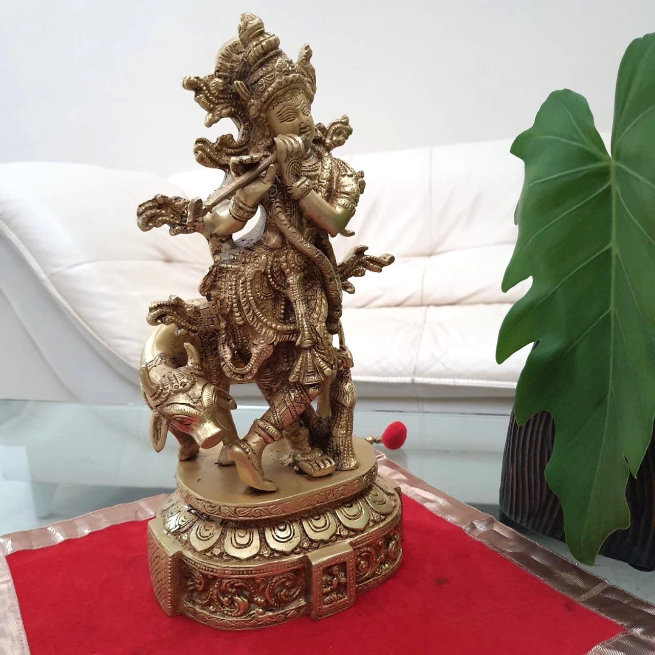 Lord Krishna Statue, 12 Inches Brass Krishna Cow idol For Home Temple