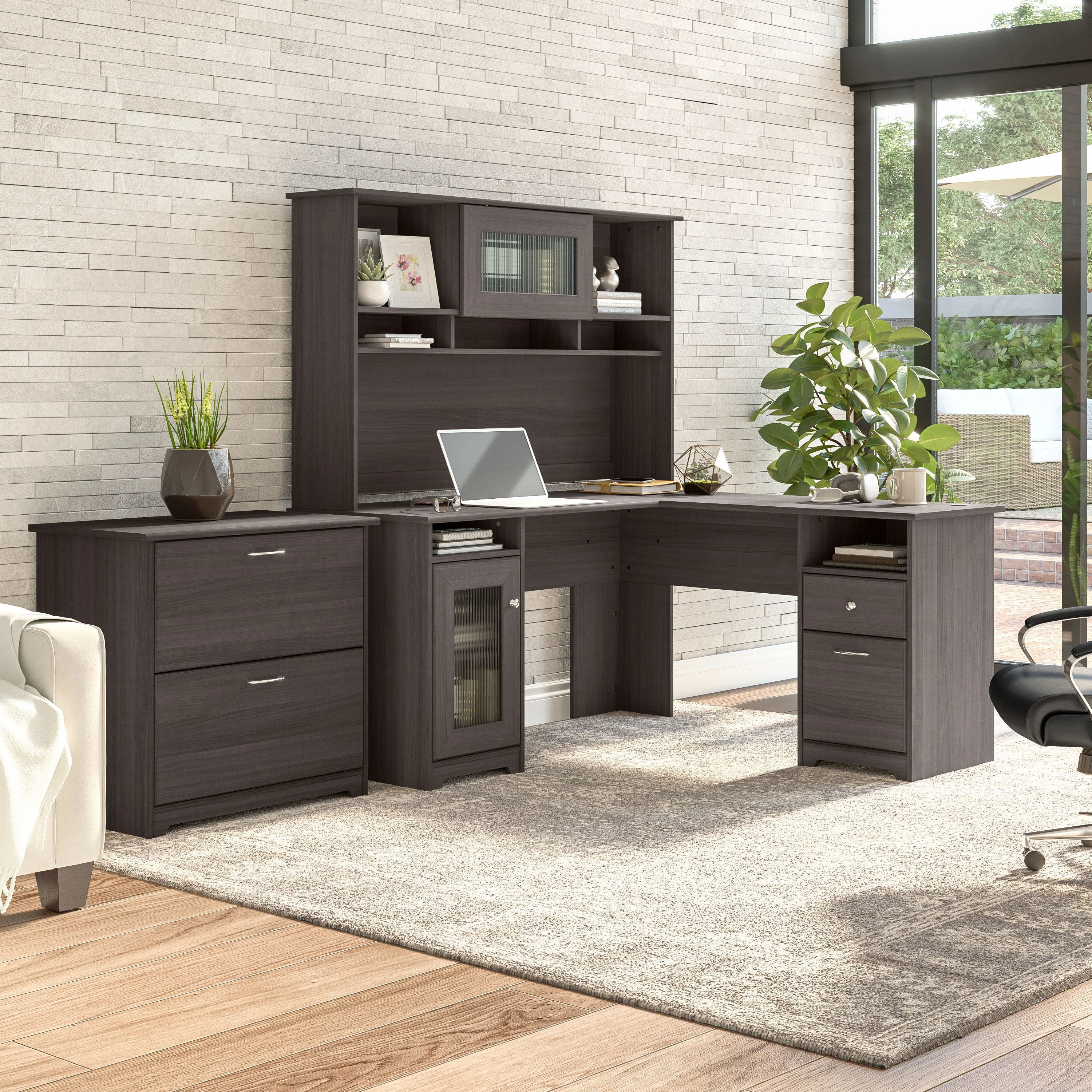 Cabot 60W L Shaped Computer Desk with Hutch and Lateral File Cabinet