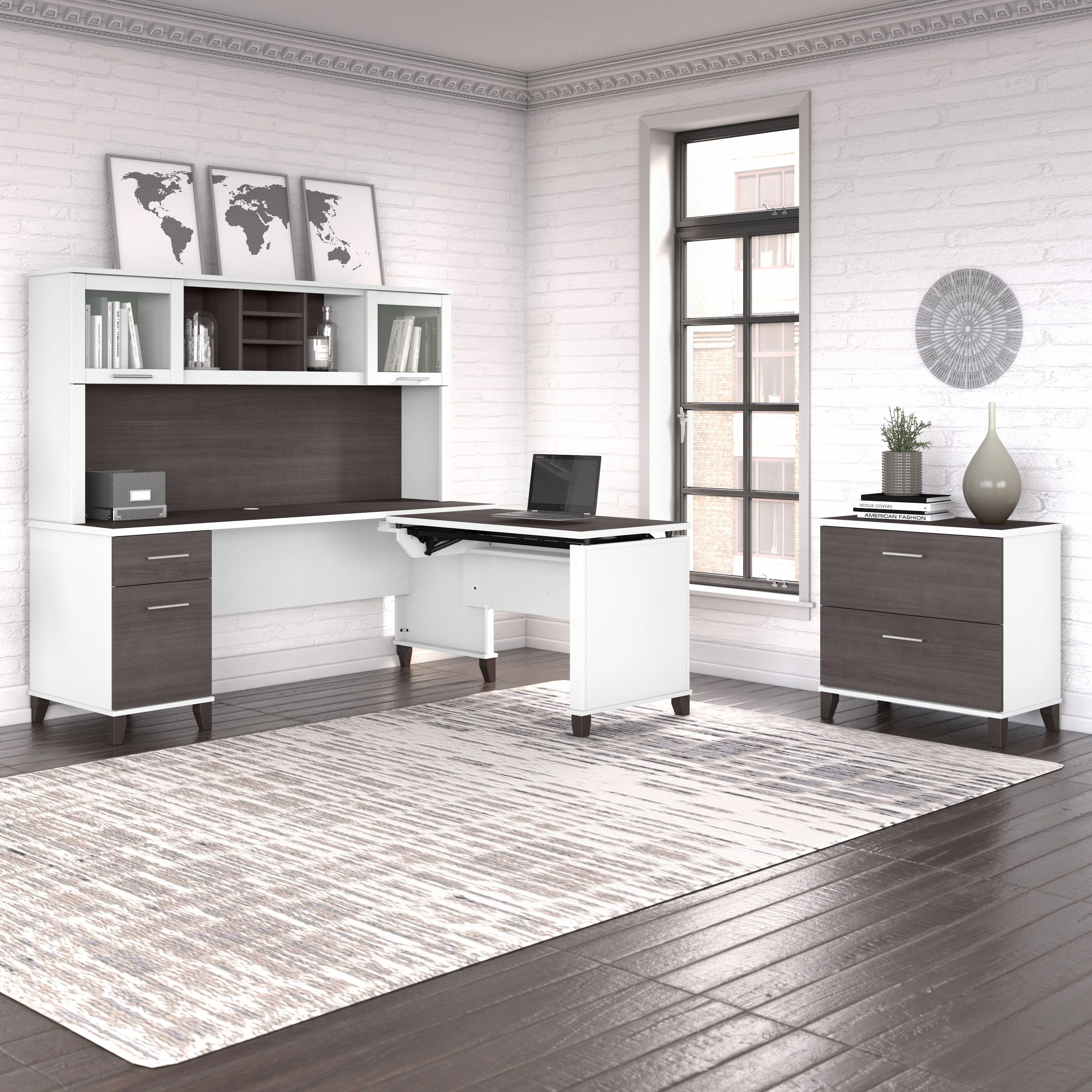 Somerset 72W 3 Position Sit to Stand L Shaped Desk with Hutch and File Cabinet