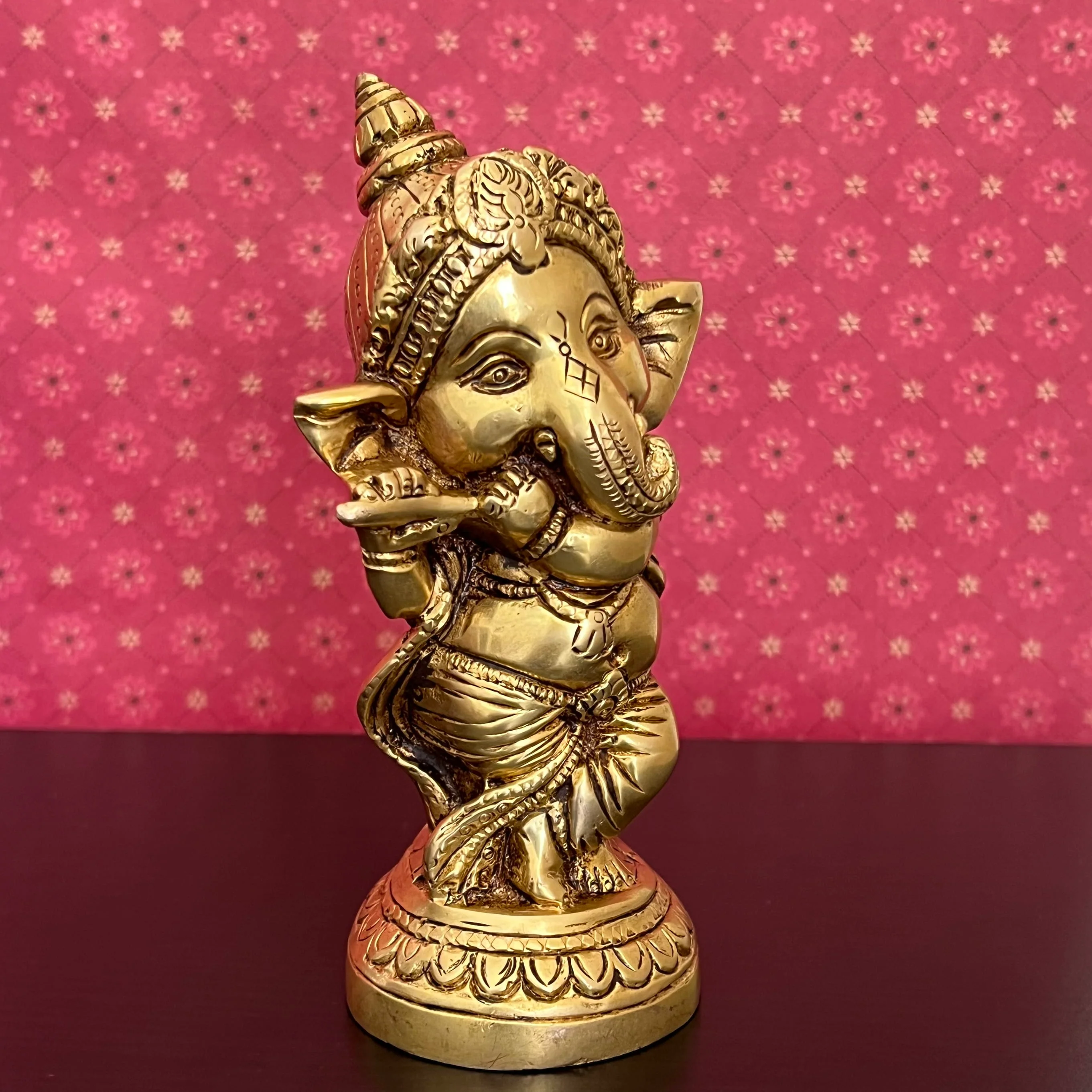 Flute And Dancing Baby Ganesh Brass Idol (Set of 2)