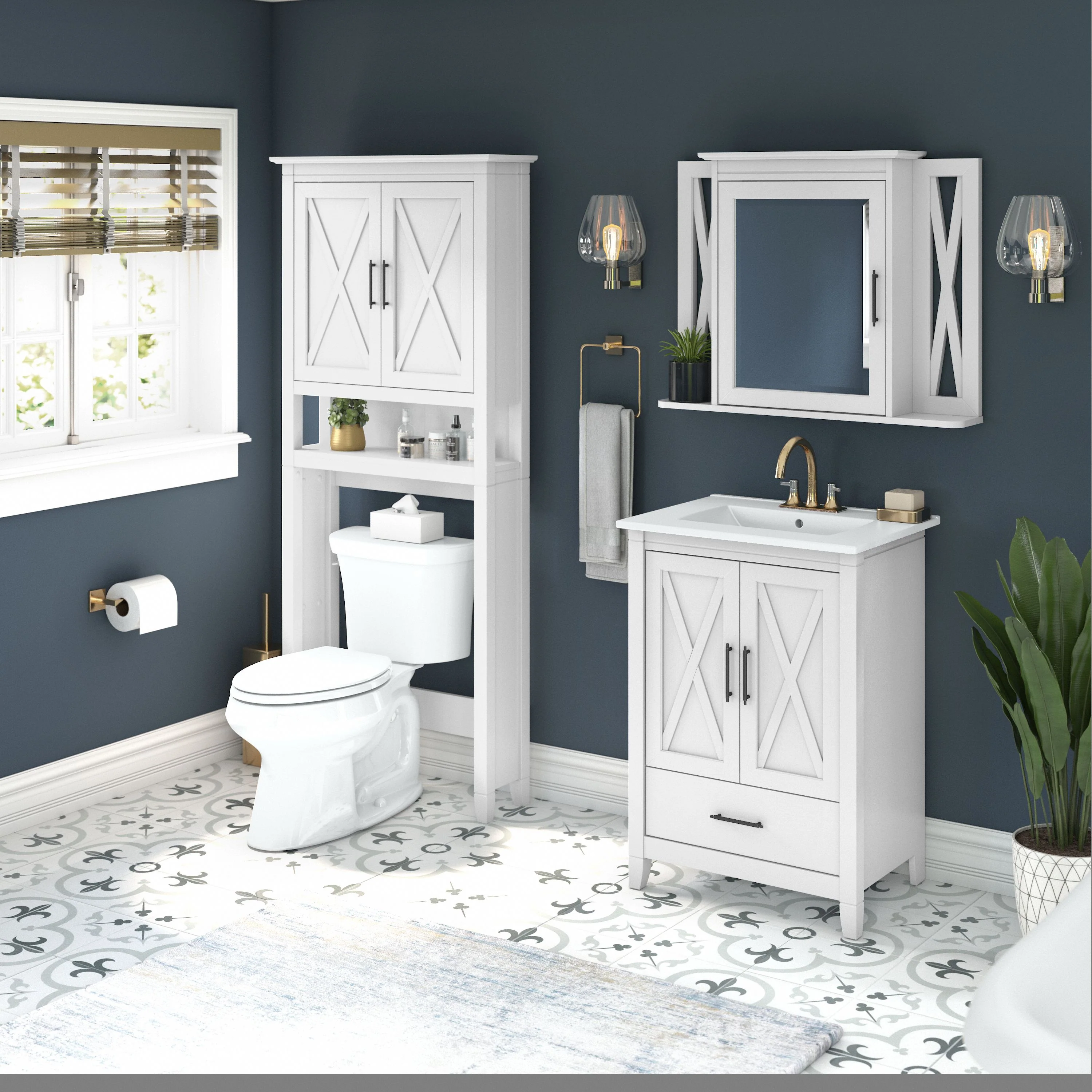 Key West 24W Bathroom Vanity Sink with Mirror and Over The Toilet Storage Cabinet