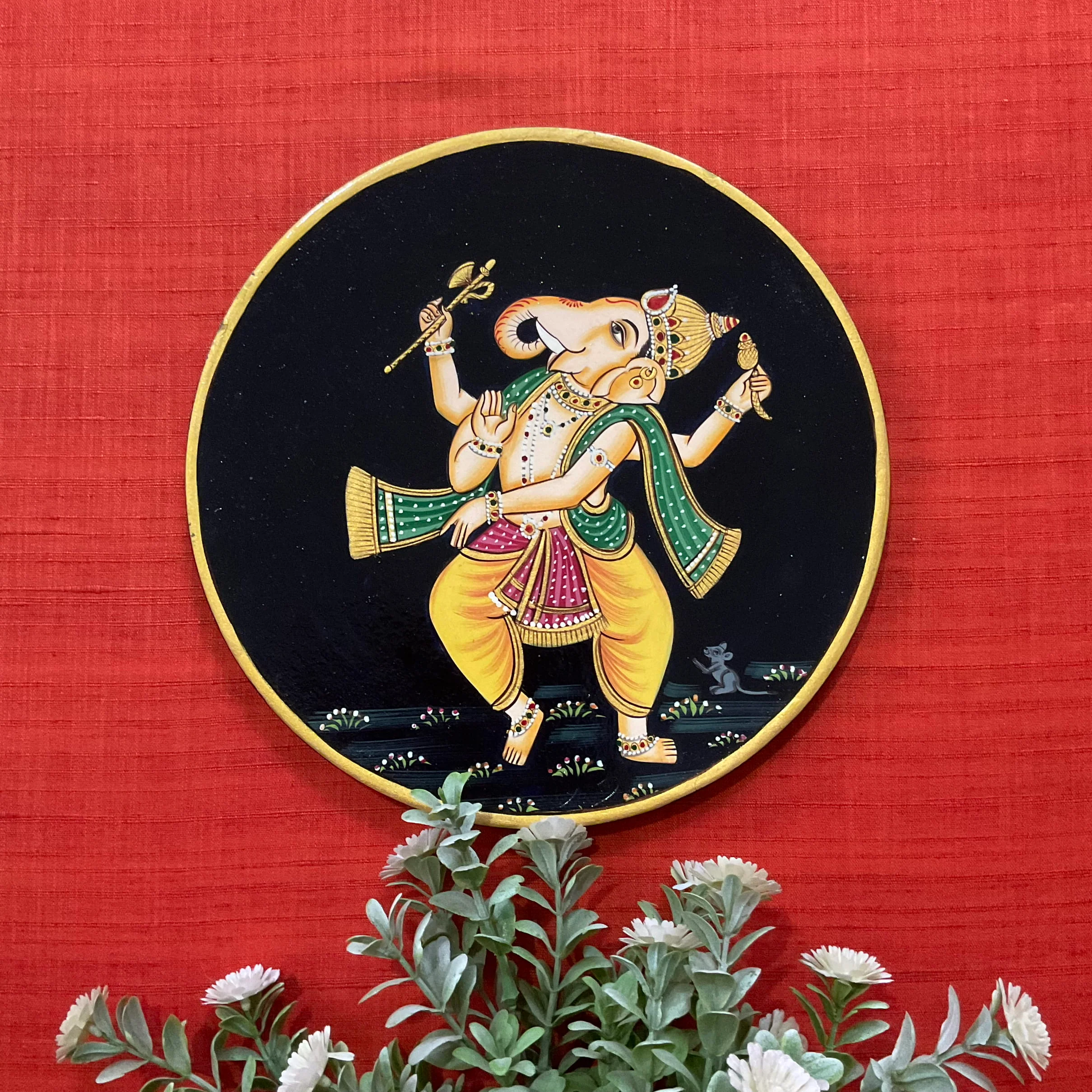 Ganpati Elephant Pichwai Wall Hanging - Decorative Round Plate