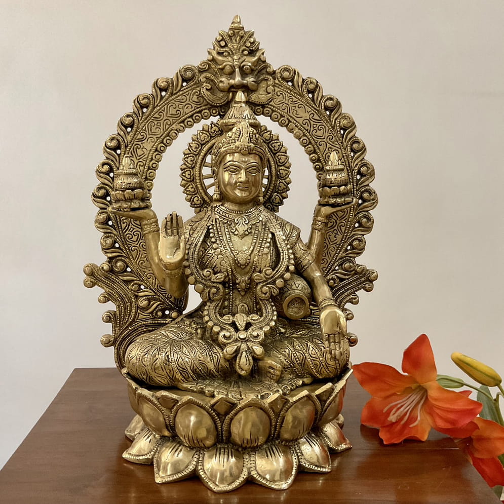 15 Inches Goddess Lakshmi Brass Idol - Goddess of Fortune, Wealth, Prosperity - Pooja Statue