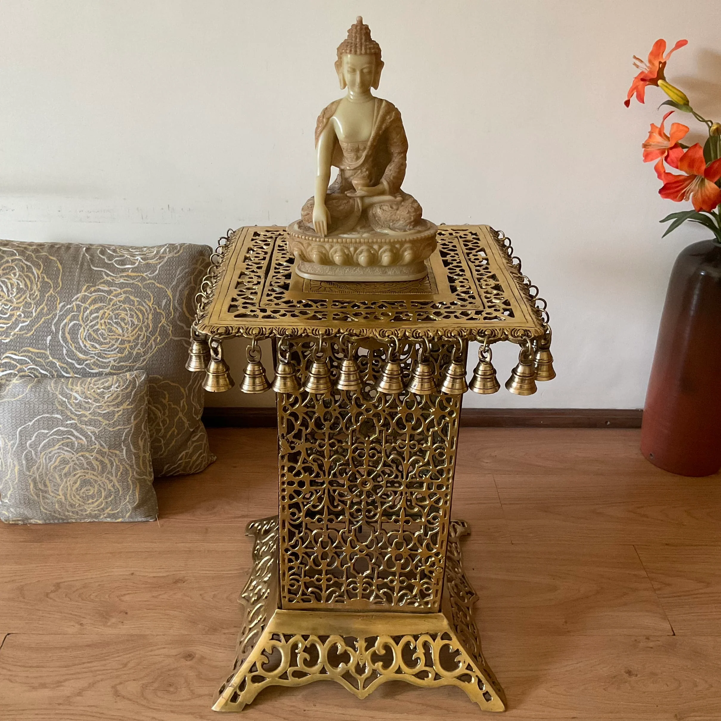 21 Inch Brass Chowki With Bells For Idols And Pooja