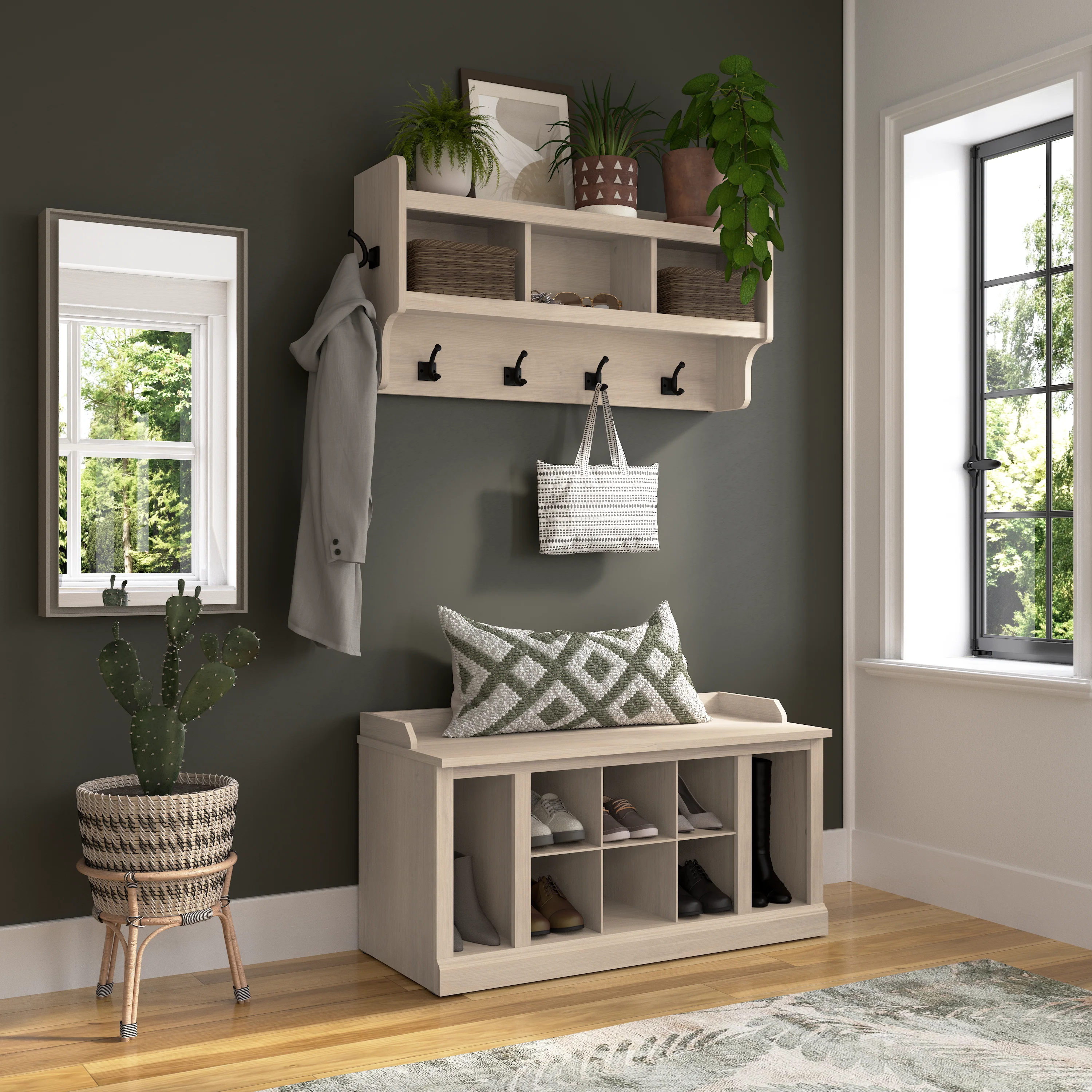 Woodland 40W Shoe Storage Bench with Shelves and Wall Mounted Coat Rack