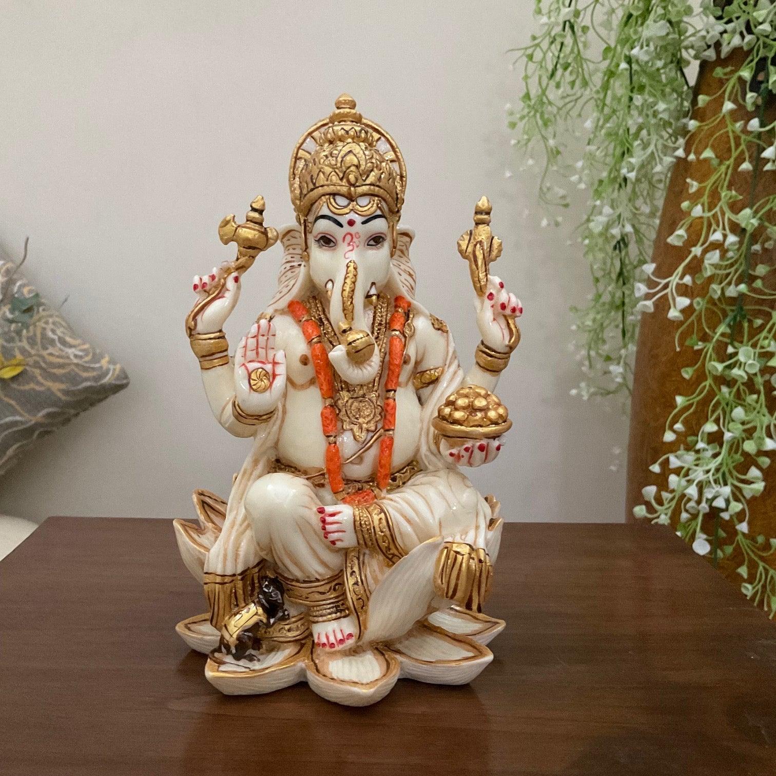 7 Inches Ganesha Marble Dust Resin Idol -  Ganpati Decorative Statue for Home Decor - Housewarming Gift