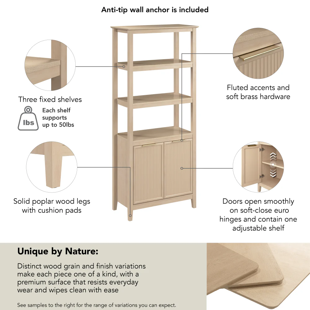 Bush Home Camille Fluted 5 Shelf Bookcase with Doors