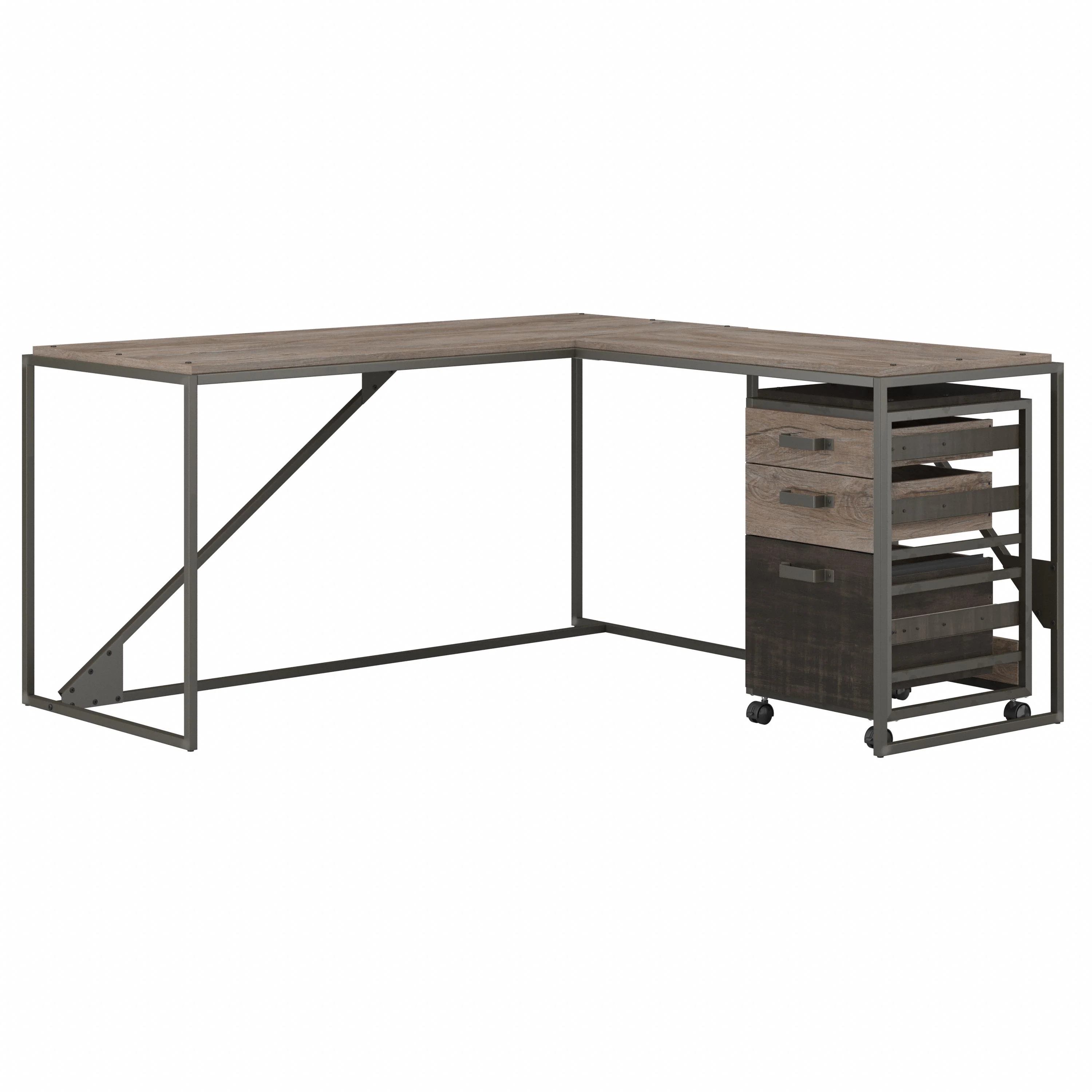 Refinery 62W L Shaped Industrial Desk with 3 Drawer Mobile File Cabinet