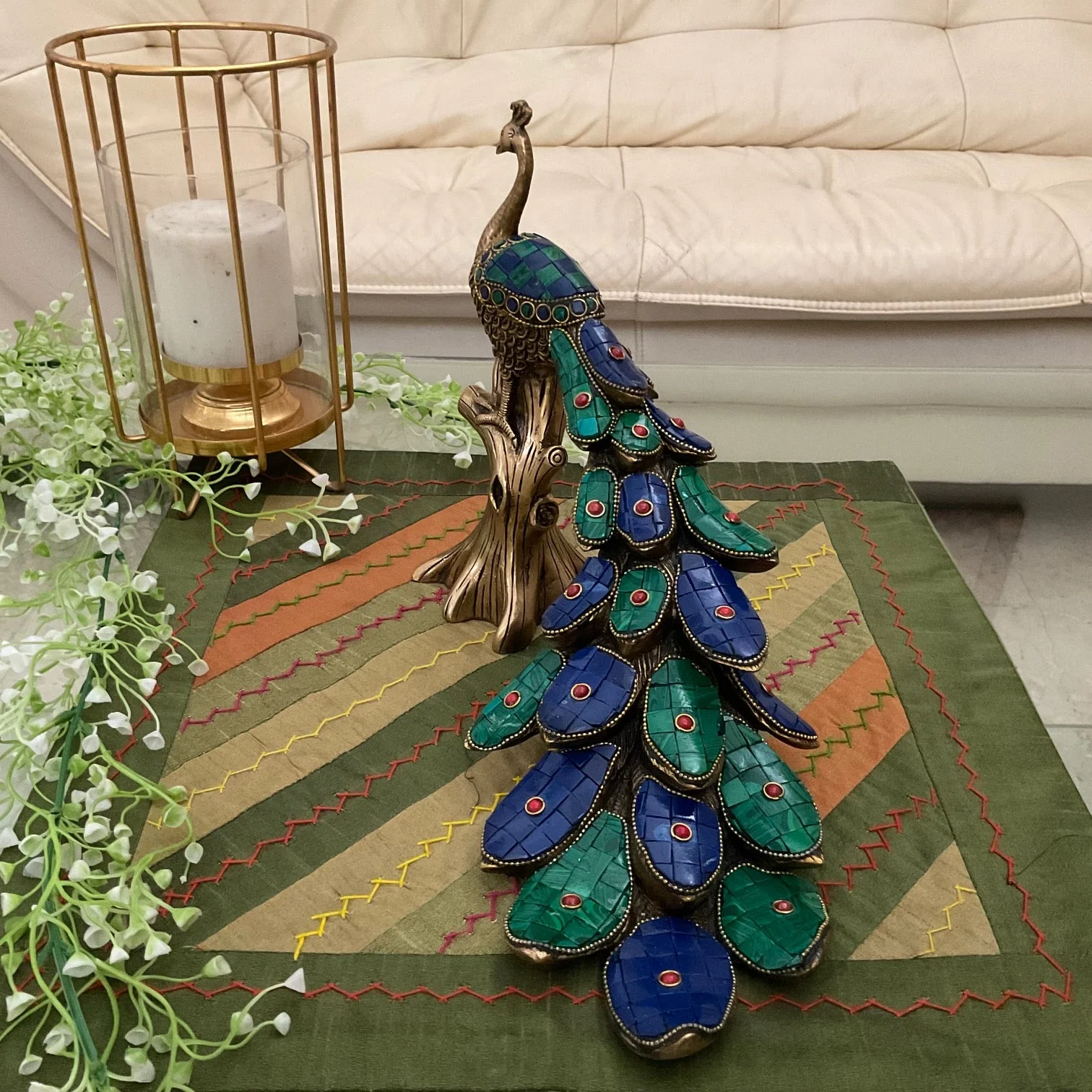 Brass Peacock Figurine With Stonework (set of 2) - Indian Home Decor Ideas