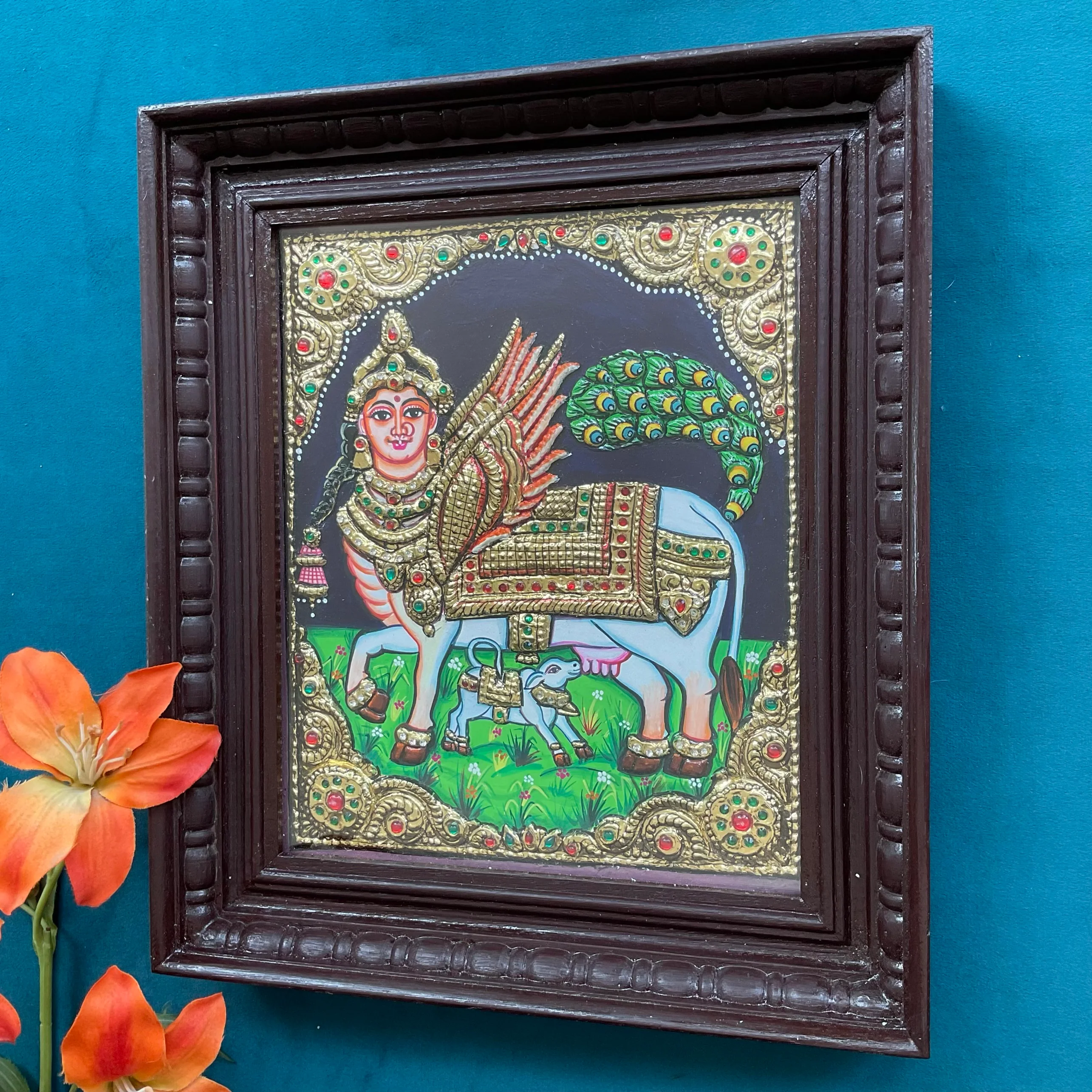Kamdhenu Cow and Calf Tanjore Painting - Traditional Wall Art
