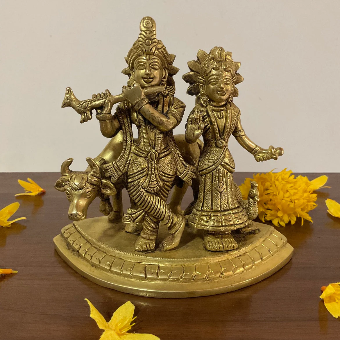 5.5 Inches Radha Krishna With Cow Brass Idol and Statue - Pooja Murti for Home - Festive Decor