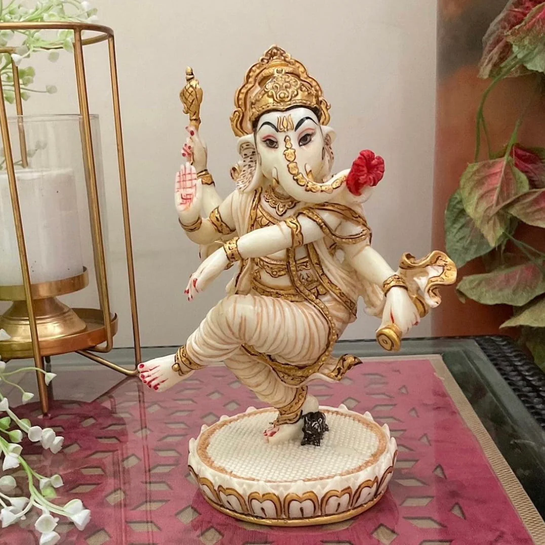 Dancing Ganesha Marble Dust Resin Idol -  Hindu God Statue - Decorative Murti