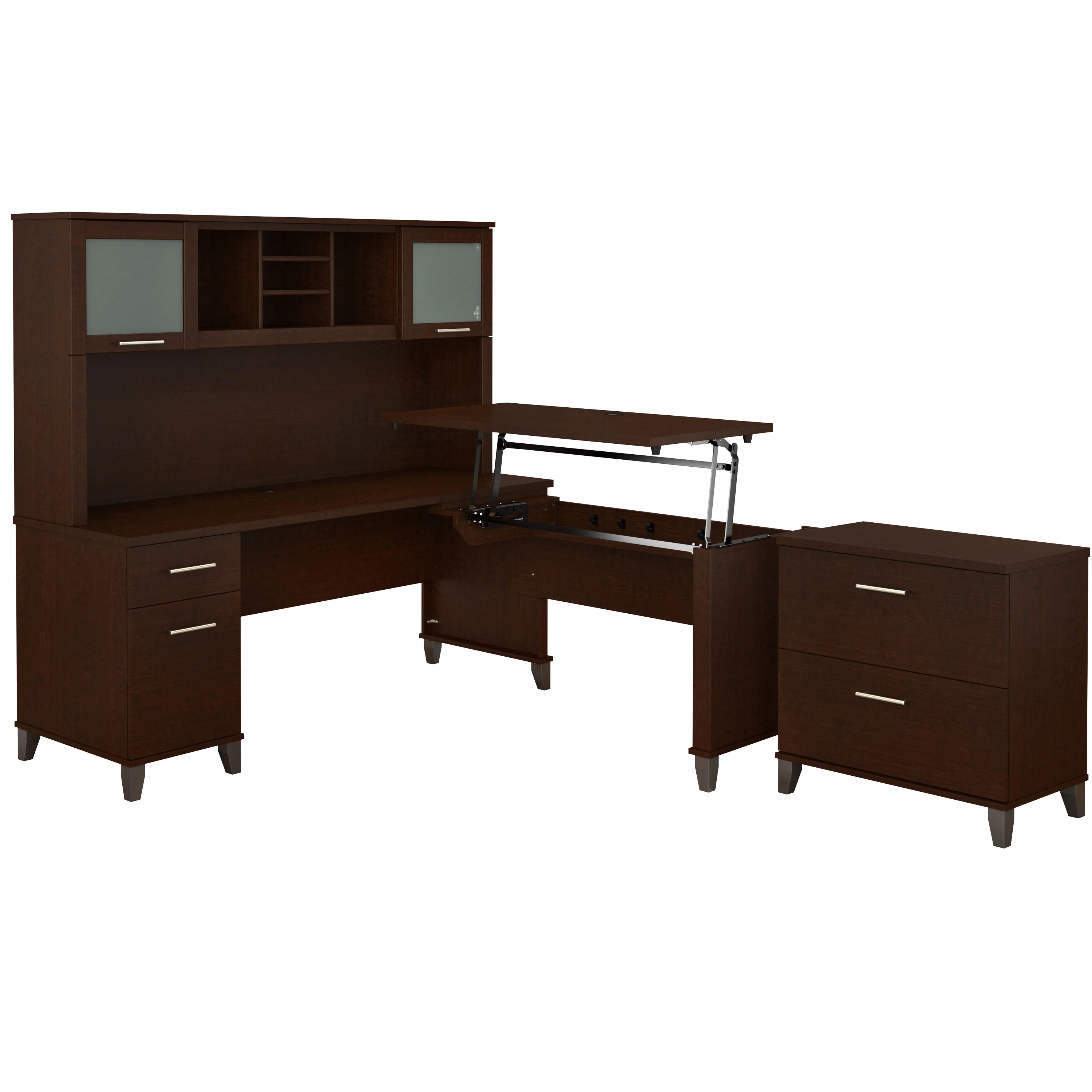 Somerset 72W 3 Position Sit to Stand L Shaped Desk with Hutch and File Cabinet