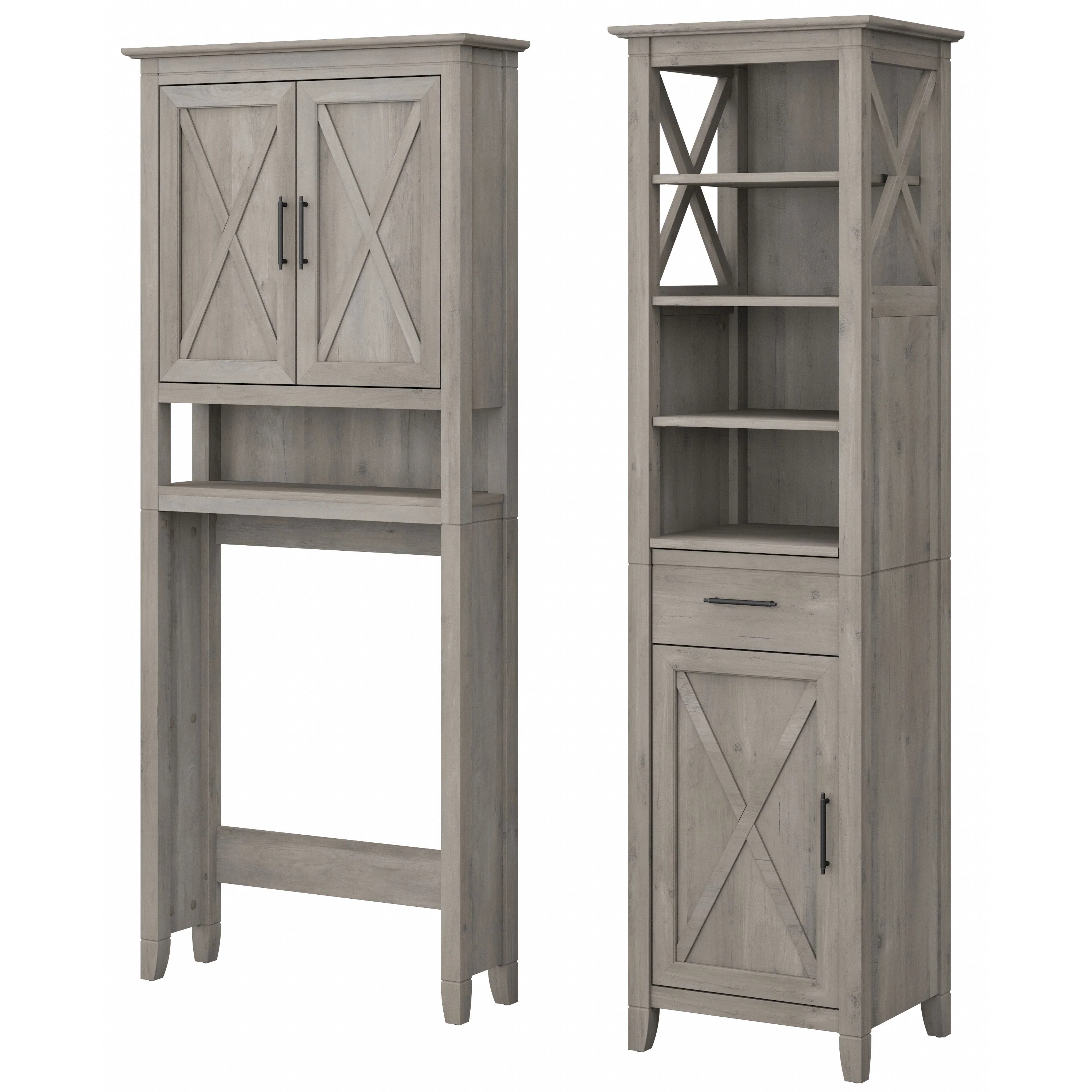 Key West Tall Linen Cabinet and Over The Toilet Storage Cabinet