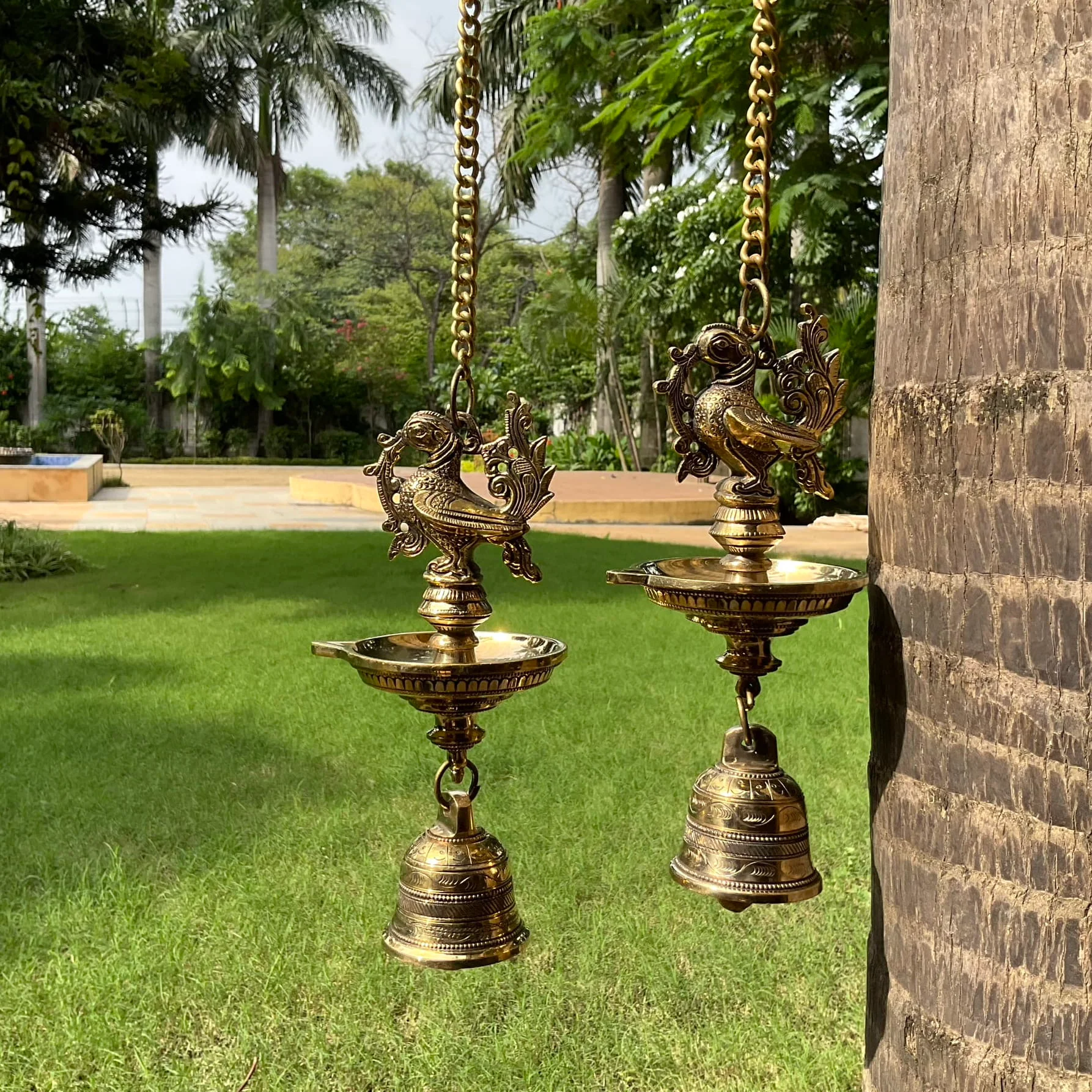 Annapakshi Hanging Diya Lamp With Bell Brass Festive Home Decor (Set of 2)