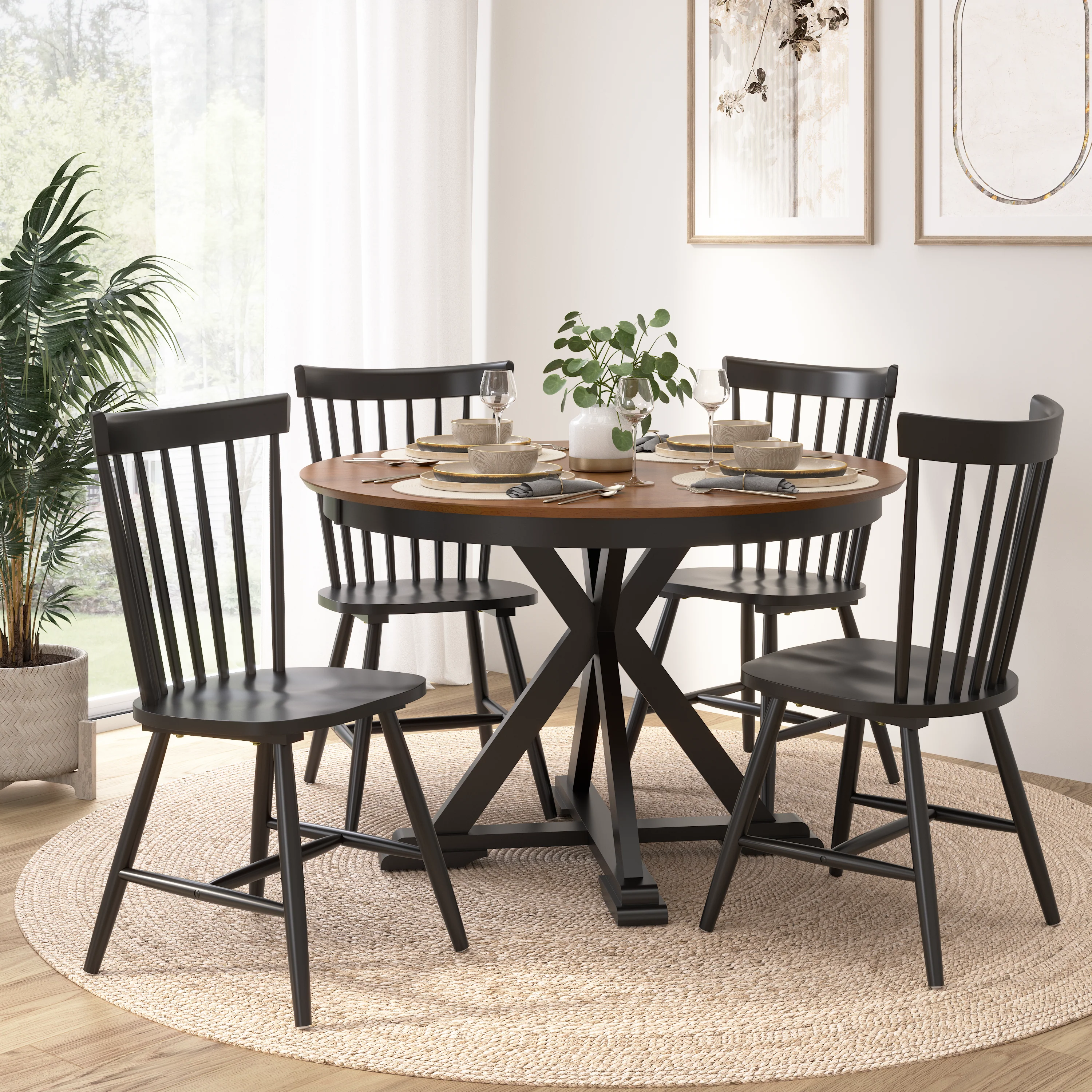 West End 45W Round Trestle Dining Table with 4 High Back Spindle Dining Chairs