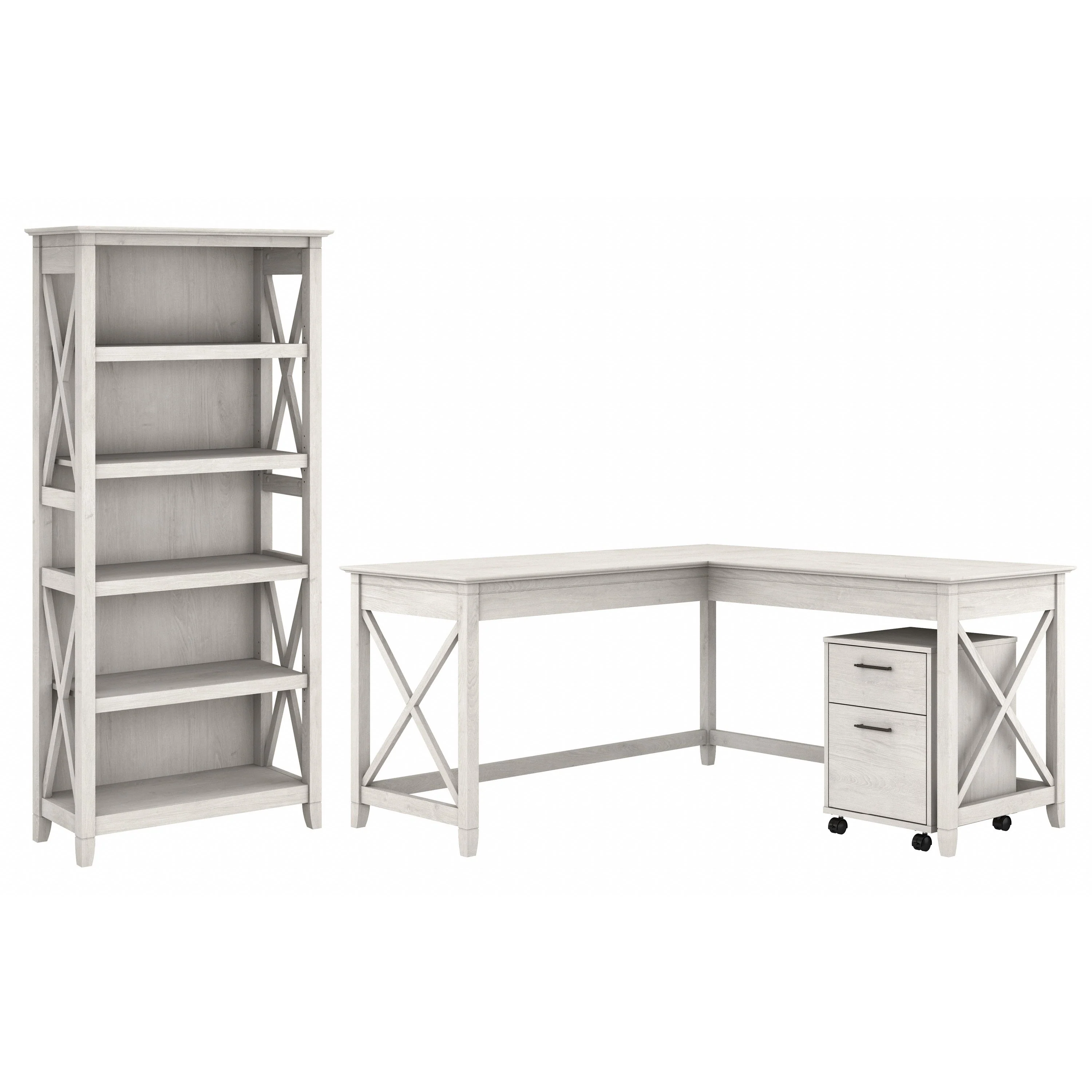 Key West 60W L Shaped Desk with 2 Drawer Mobile File Cabinet and 5 Shelf Bookcase