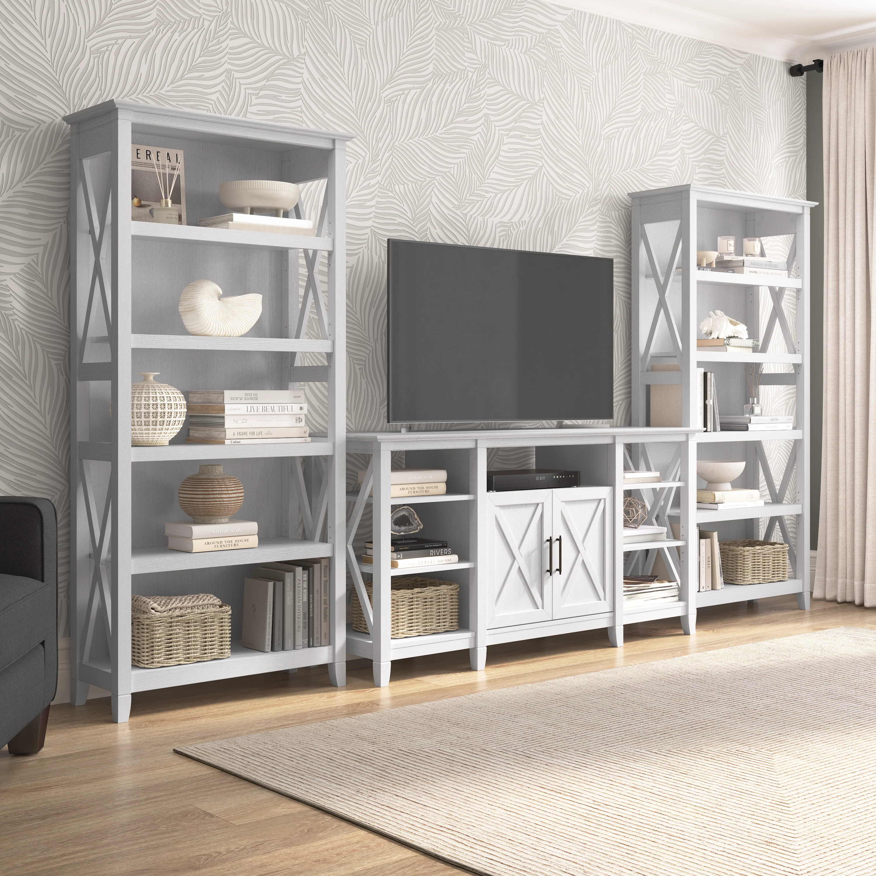 Key West Tall TV Stand with Set of 2 Bookcases