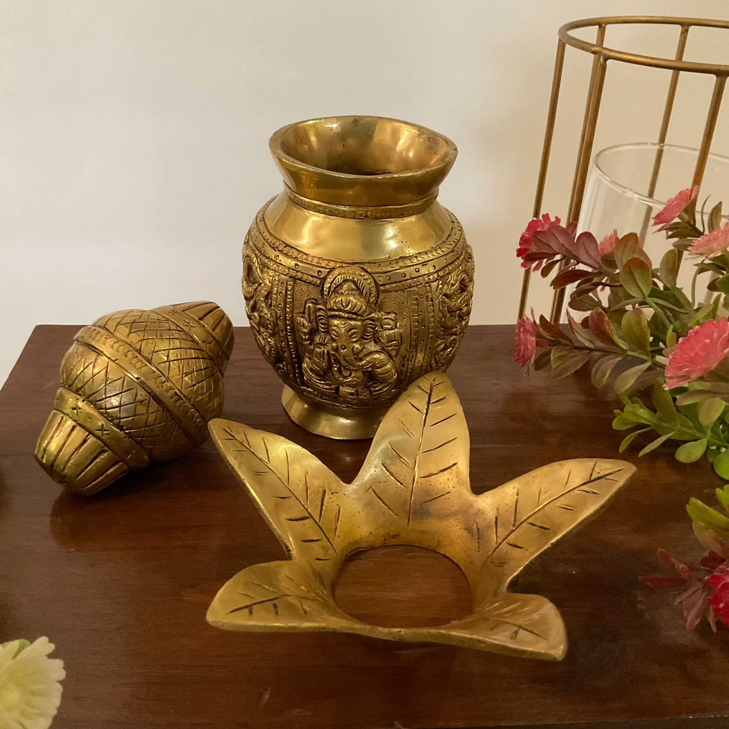 Lakshmi Ganesha Brass Kalash With Coconut For Pooja