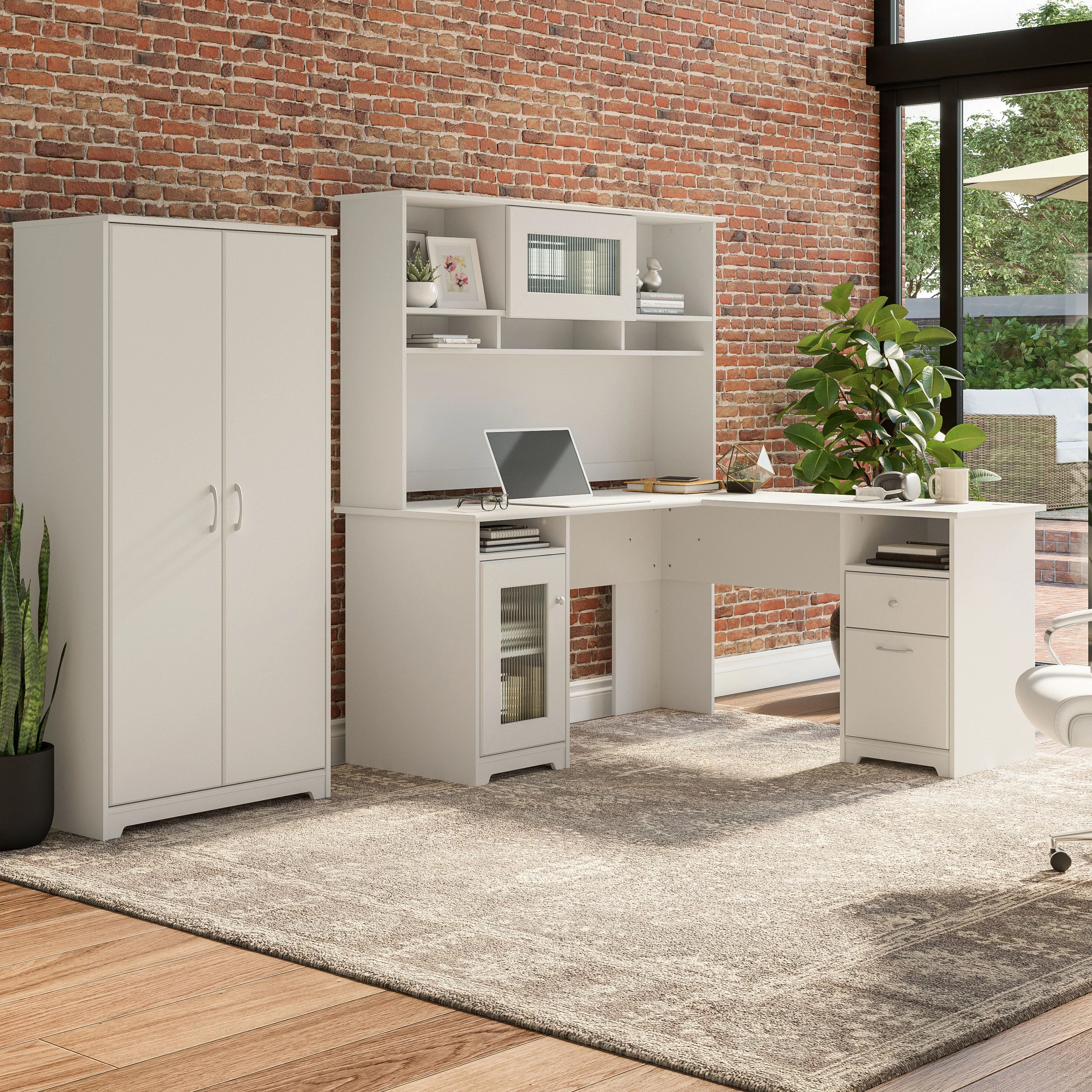 60W L Desk, Hutch, and 2 Door Tall Storage