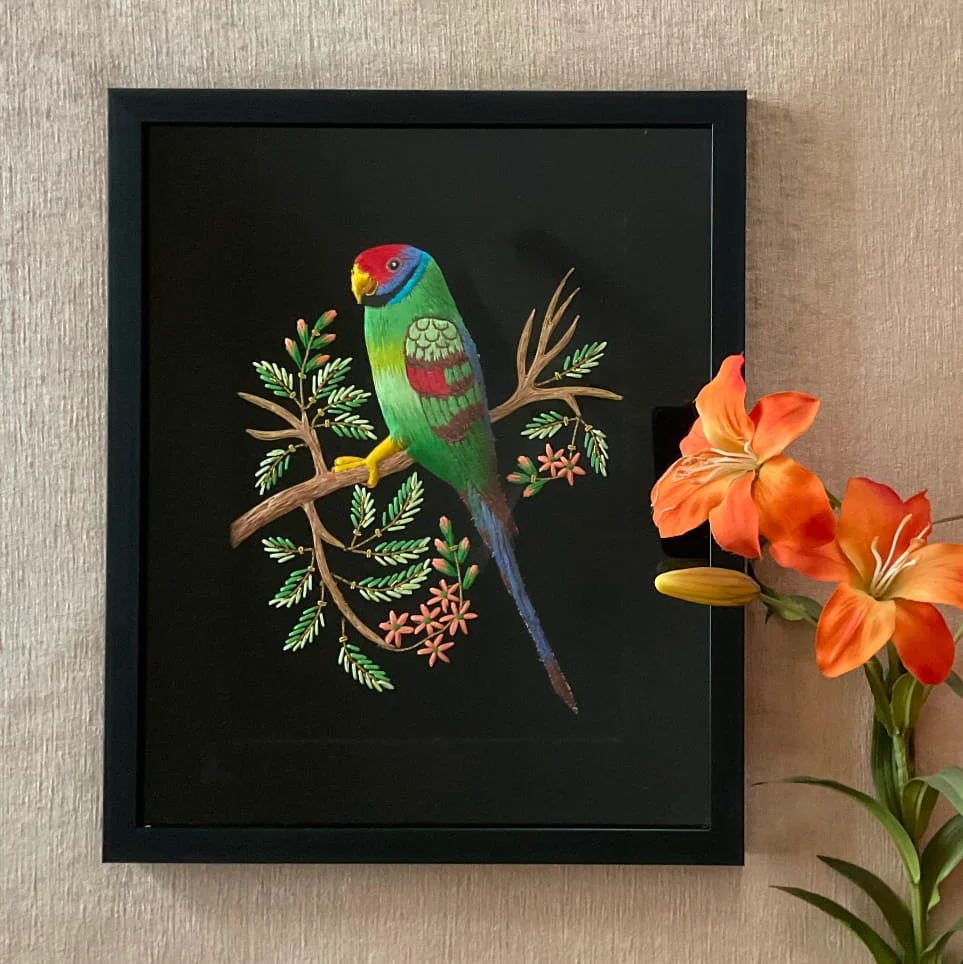 Parrot Zardozi Embroidered Handmade Painting - Handpainted Wall Decor