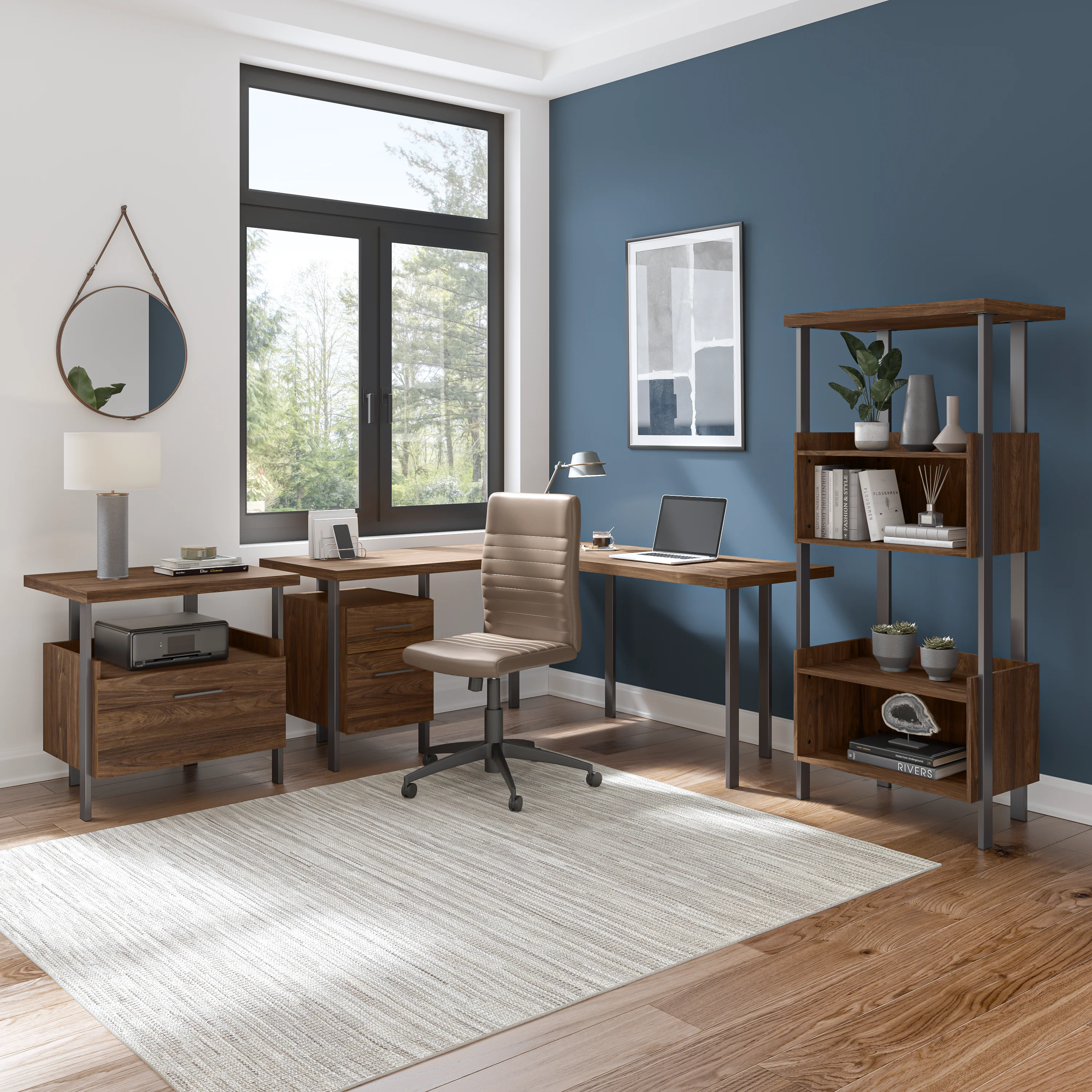 Architect 60W L Shaped Desk with Lateral File Cabinet and 4 Shelf Bookcase