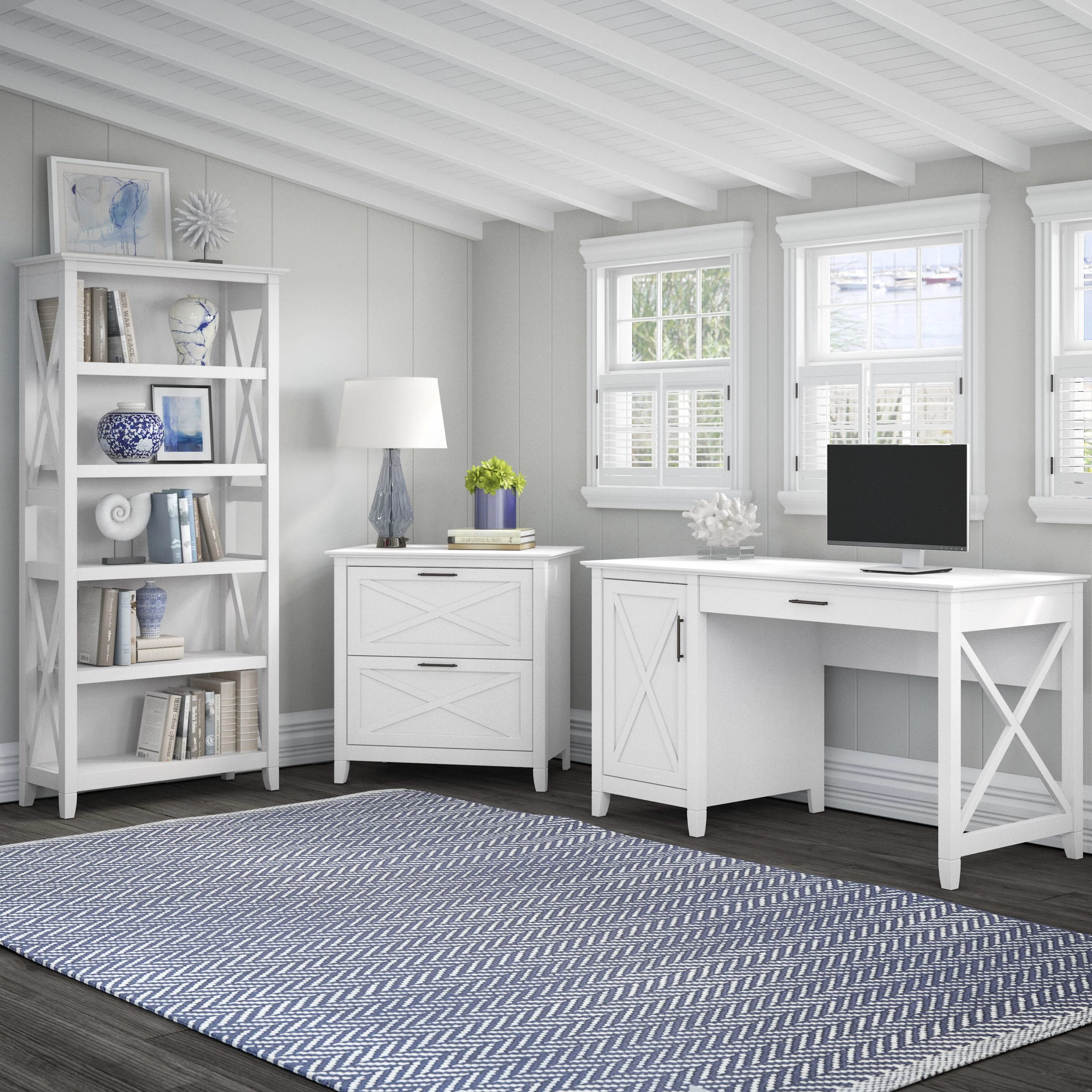 Key West 54W Computer Desk with 2 Drawer Lateral File Cabinet and 5 Shelf Bookcase