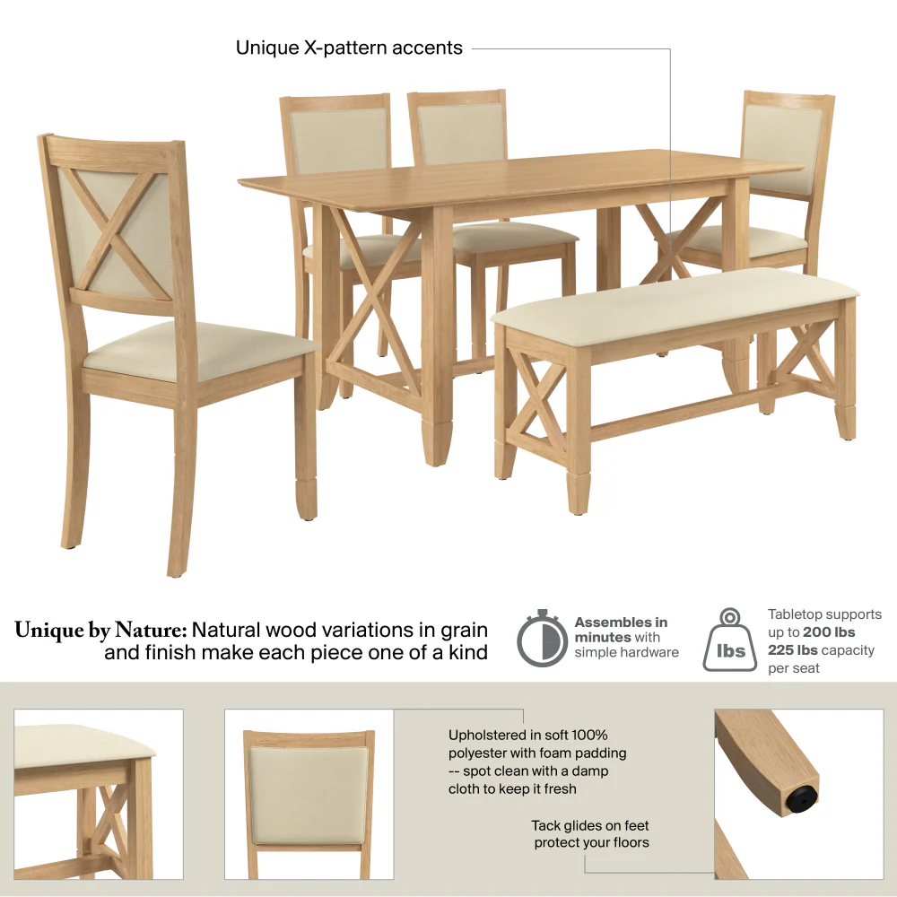 Bush Home Key West 70W Cross Base Dining Table with 2 Upholstered Cross Back Chairs and 2 Benches