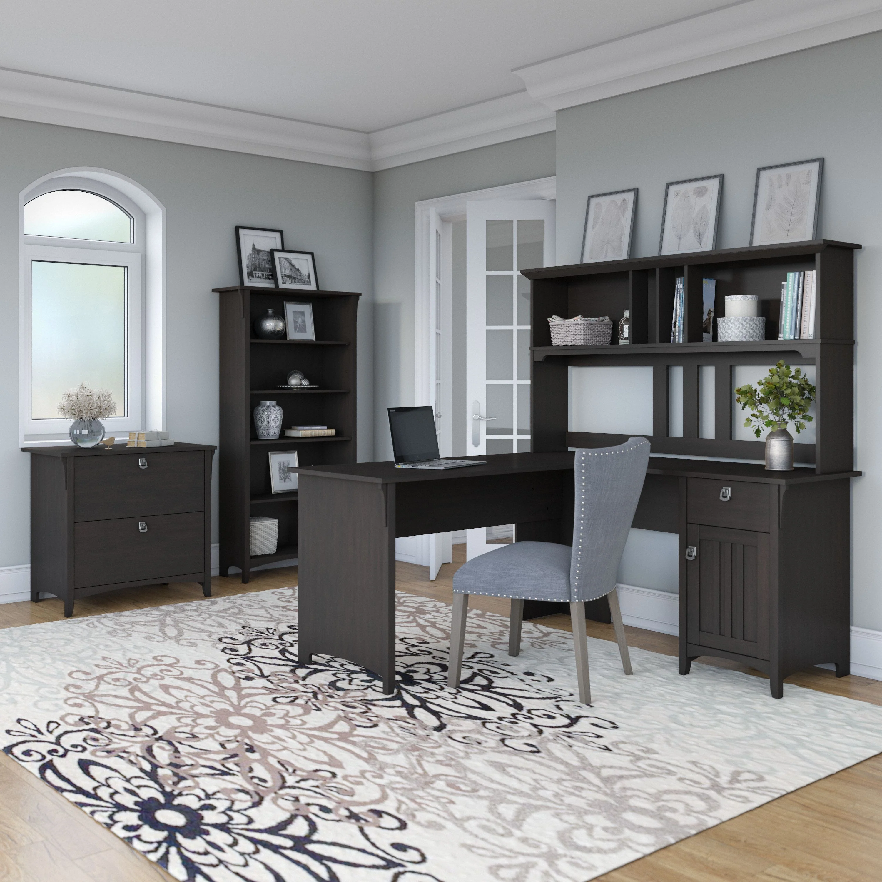 Salinas 60W L Shaped Desk with Hutch, Lateral File Cabinet and 5 Shelf Bookcase