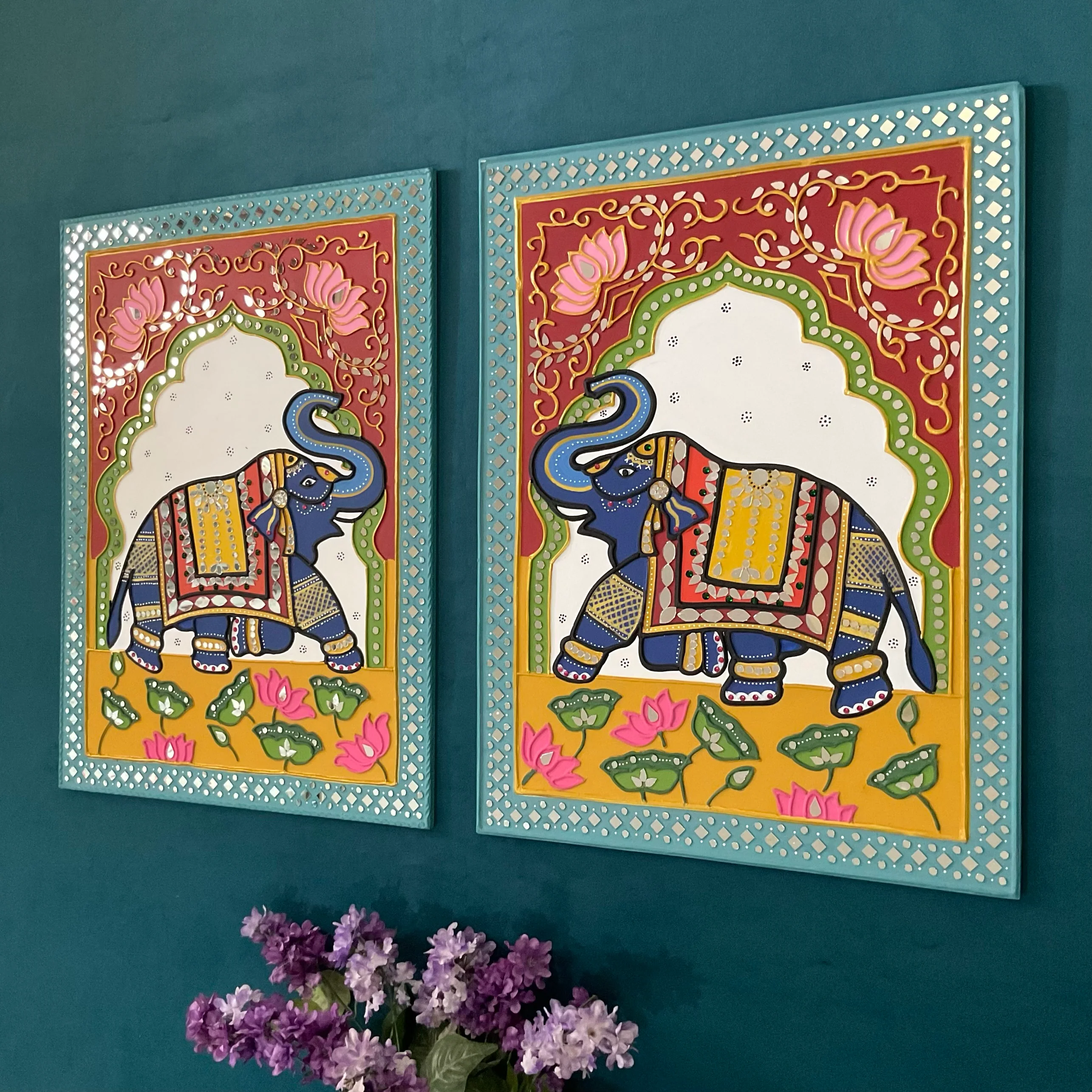 Elephant Lippan Wall Hanging Set of 2 - Clay Mirror Wall Decor