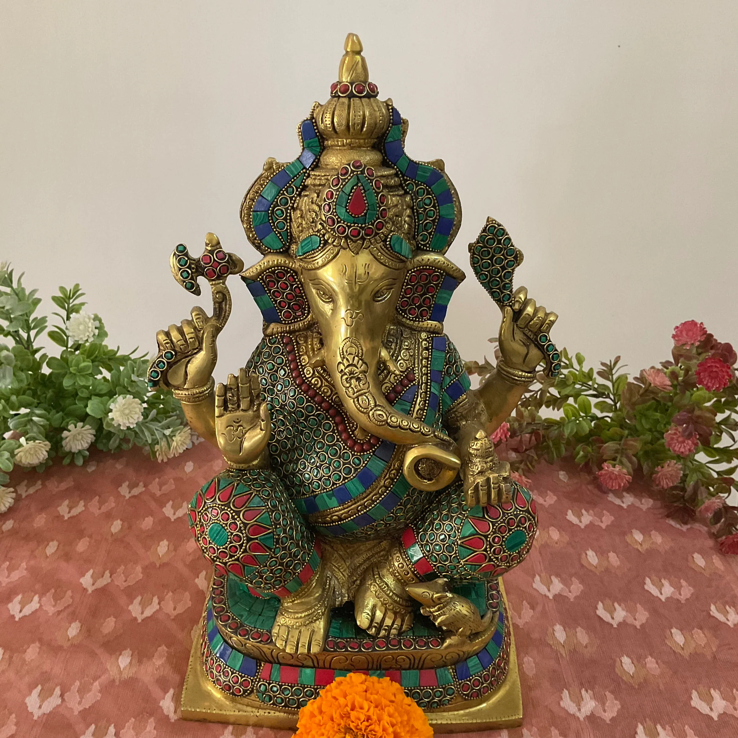 15 Inch Brass Ganesh Idol With Stonework - Ganpati Statue for Home Pooja, Housewarming Gift