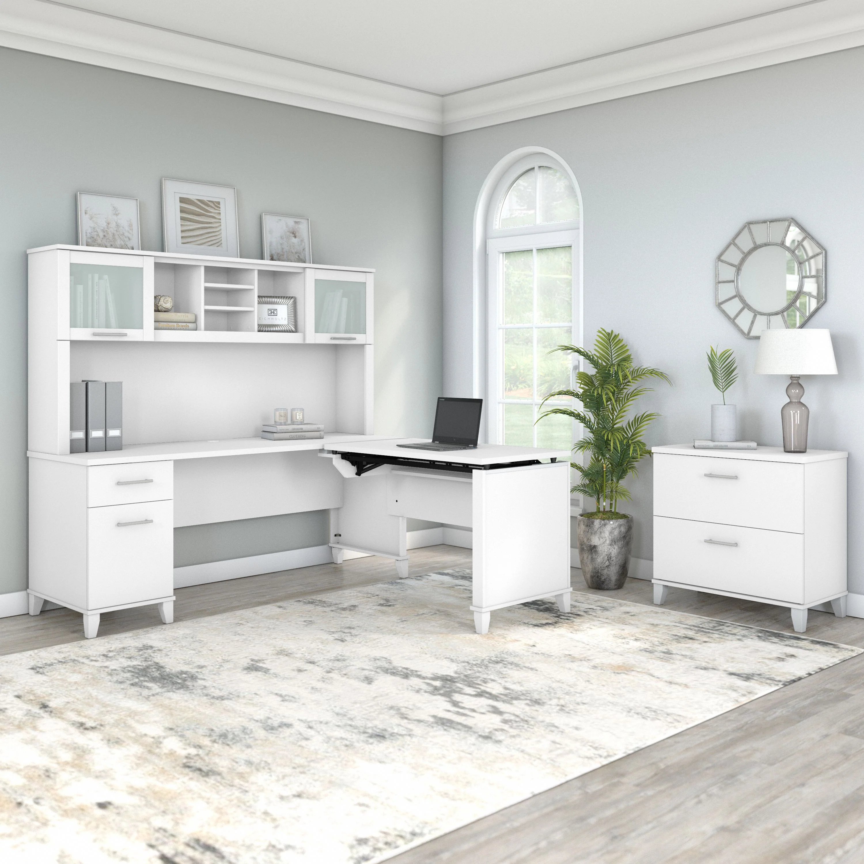 Somerset 72W 3 Position Sit to Stand L Shaped Desk with Hutch and File Cabinet