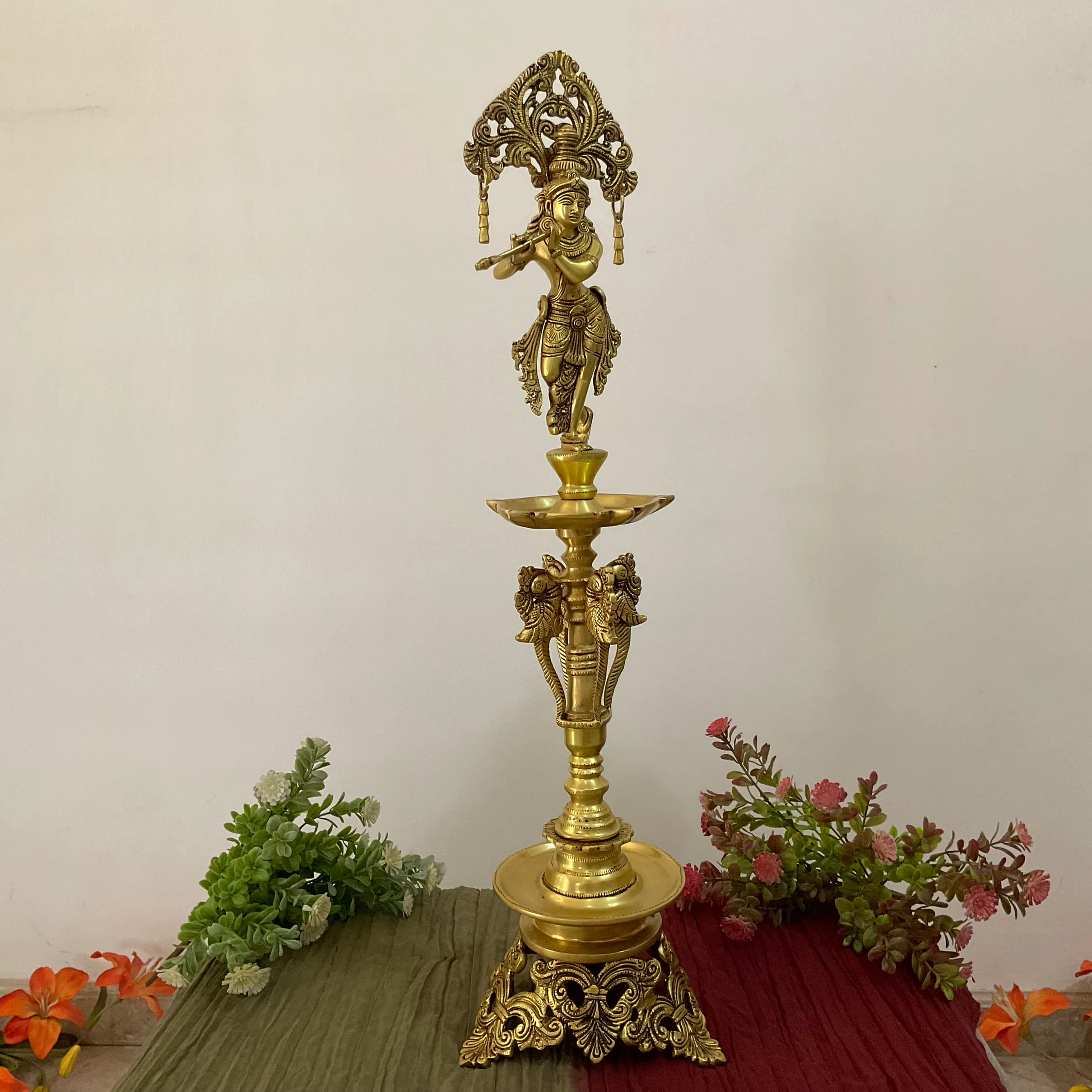 28 Inch Krishna Brass Diya Lamp (Set of 2) - Traditional Indian Festive Decor