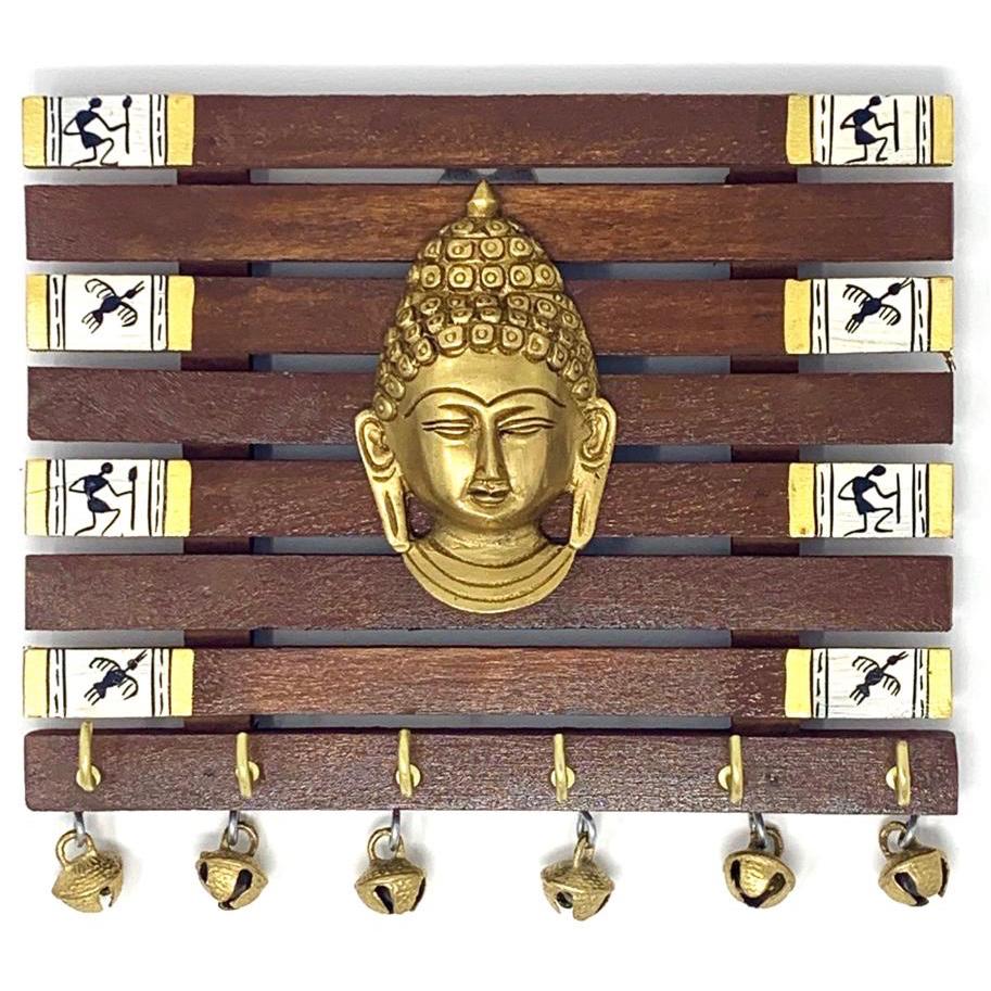 Brass Buddha & Warli Hand-Painted Key Holder On Wood (6 Hooks) - Wall Decor