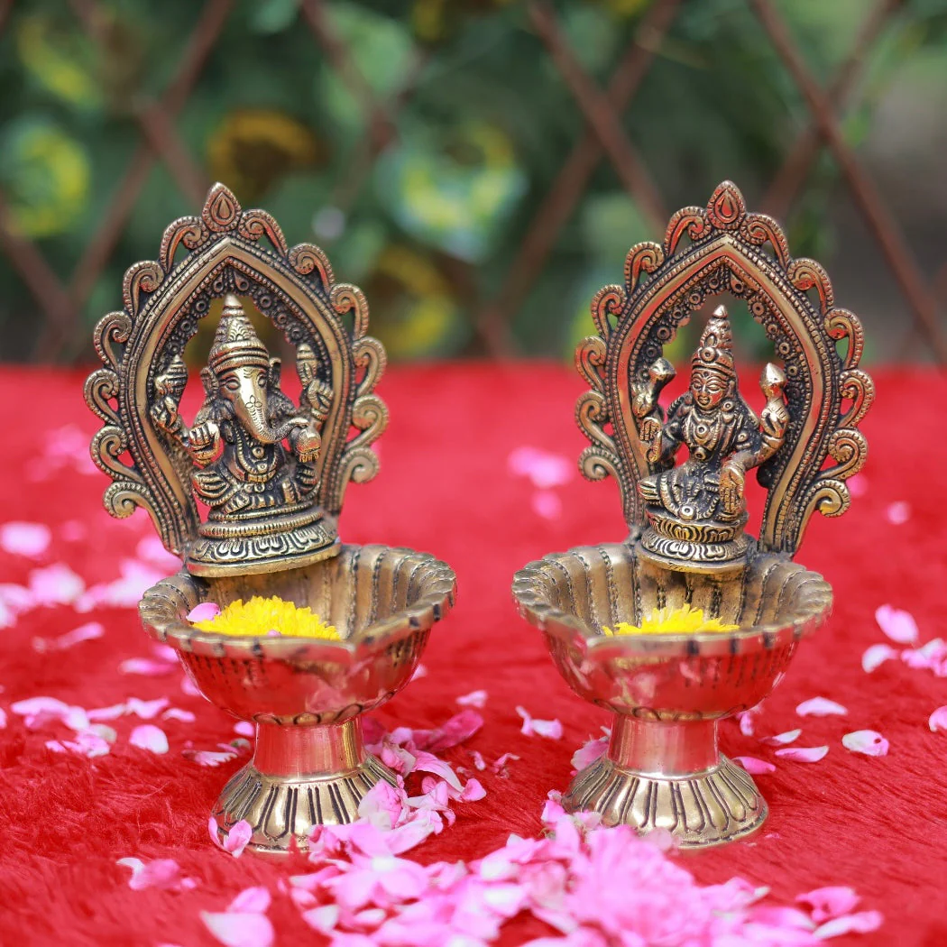 Lakshmi Ganesha Brass Diya Lamp (Set of 2)  - Antique Finish - Temple Decor
